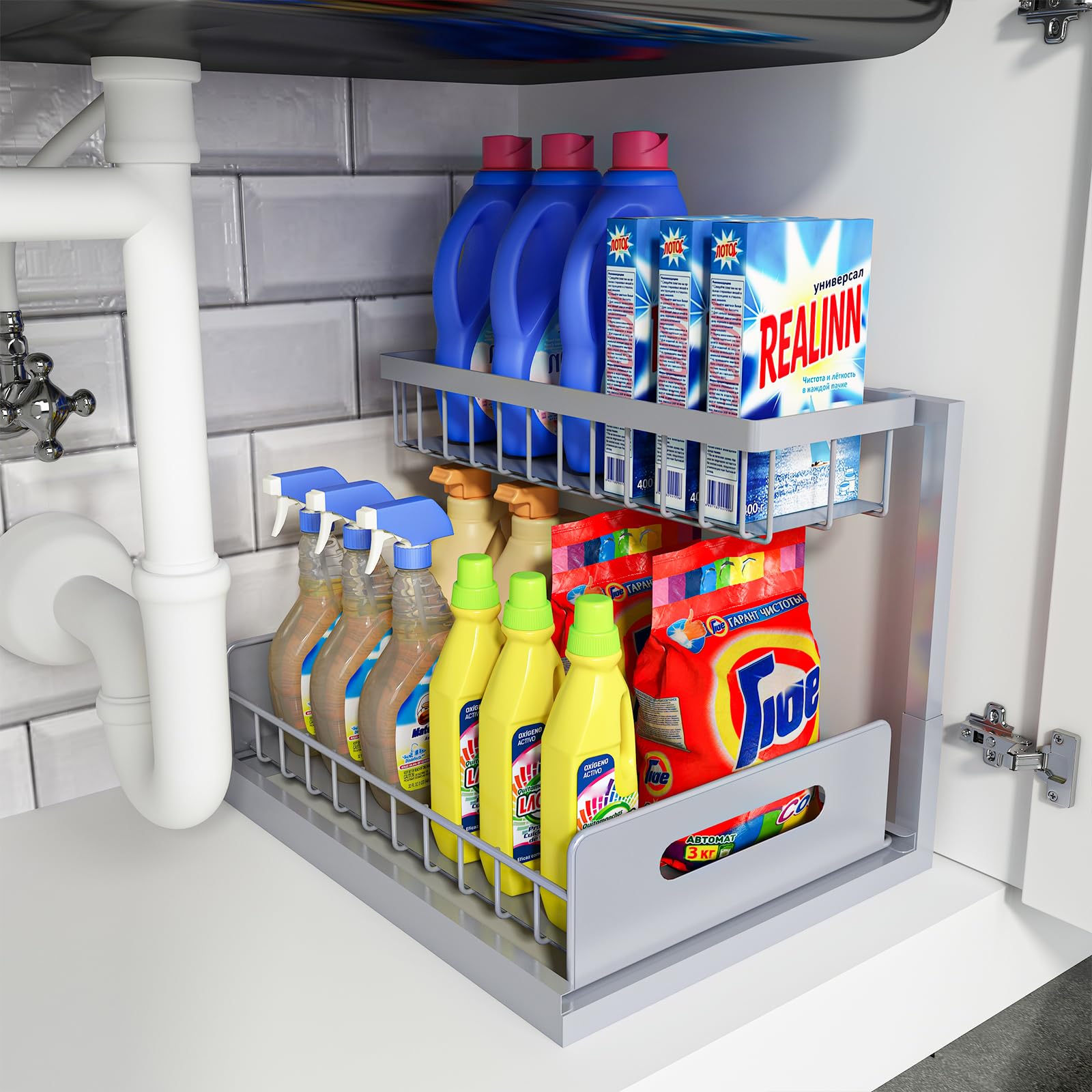REALINN Organizzatore sotto il lavandino, organizer estraibile per armadietto, a 2 livelli, ripiano per lavello da cucina, bagno, grigio, 1 confezione