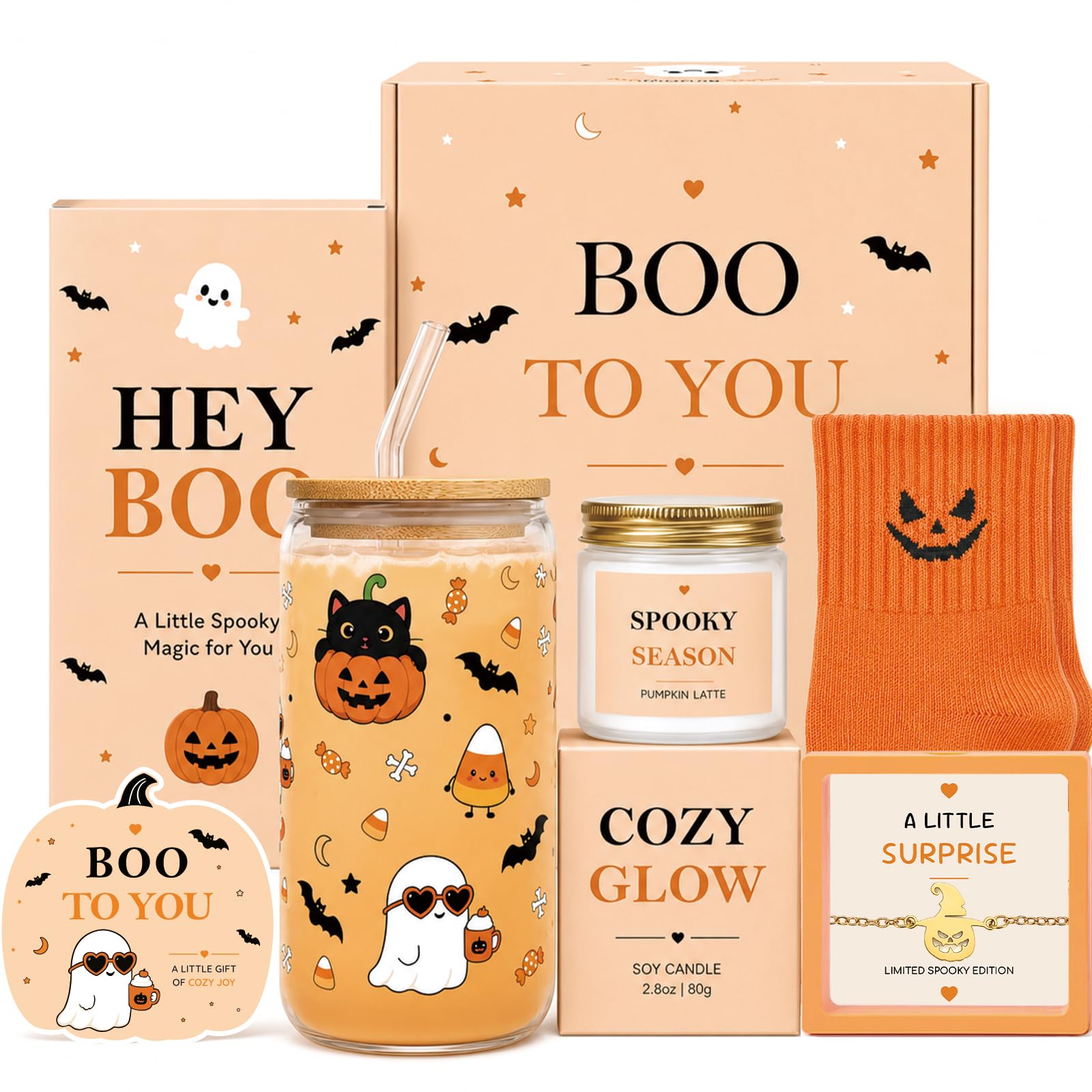 Boo Basket Stuffers for Women, Halloween Gifts Box w 16oz Ghost Glass Cup | Cute Halloween Boo Basket for Women Friend Sister Her, Spooky Season Gifts Set w Spooky Glass Tumbler