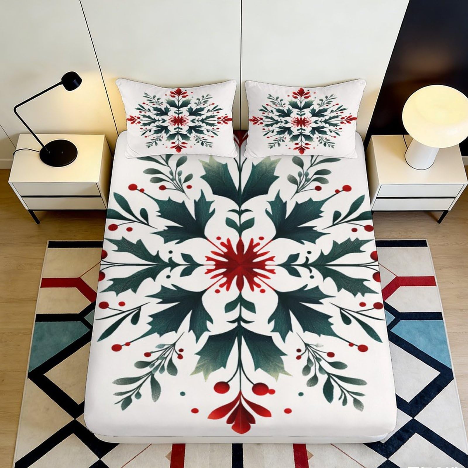 3D Printed Christmas Holly Fitted Sheet Microfiber Soft Breathable Winter Snowflake Bed Cover for Bedroom Dormitory Guest Room Mattress Protection 200x200x25cm