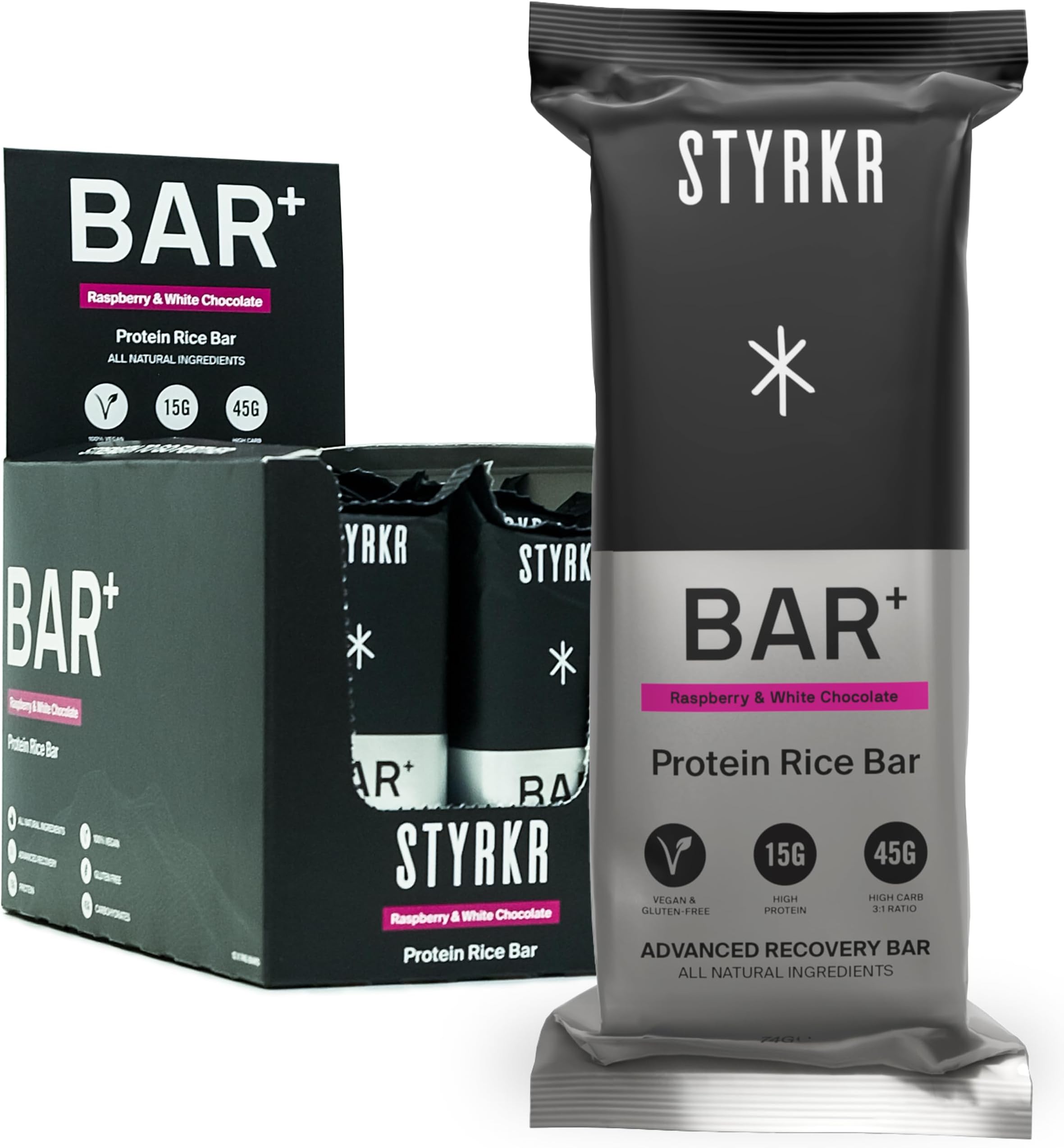 Styrkr BAR+ High Protein Energy Bars - 15g of Protein & 45g of Carbs - Pack of 12 Rice Bars - Raspberry & White Chocolate Flavour - Approved by Endurance Athletes for Cycling & Running - 12x Pack