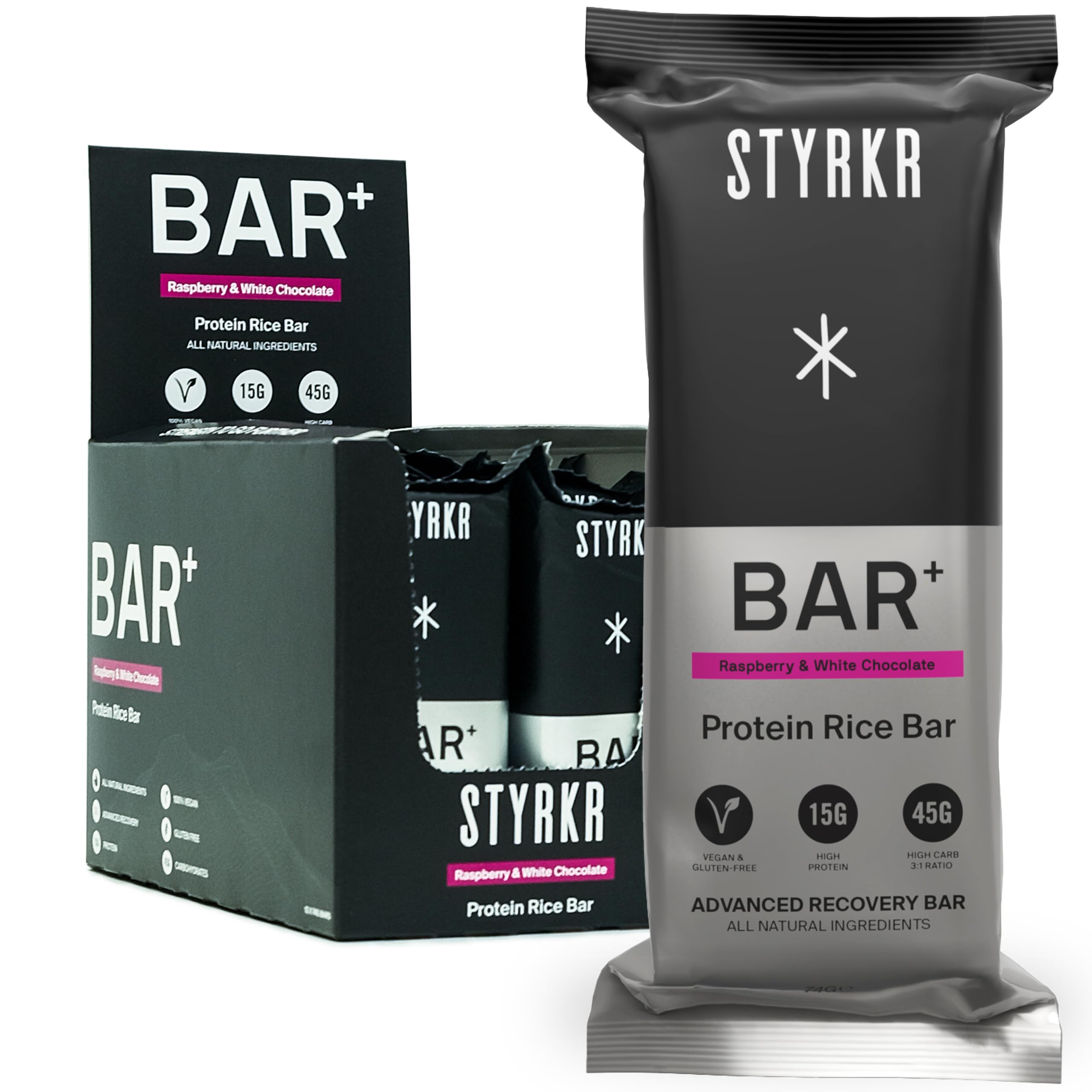 High Protein Energy Bars by Styrkr - 15g of Protein & 45g of Carbs - Pack of 12 Rice Bars - Raspberry & White Chocolate Flavour - Approved by Endurance Athletes for Cycling & Running - BAR+ 12x Pack