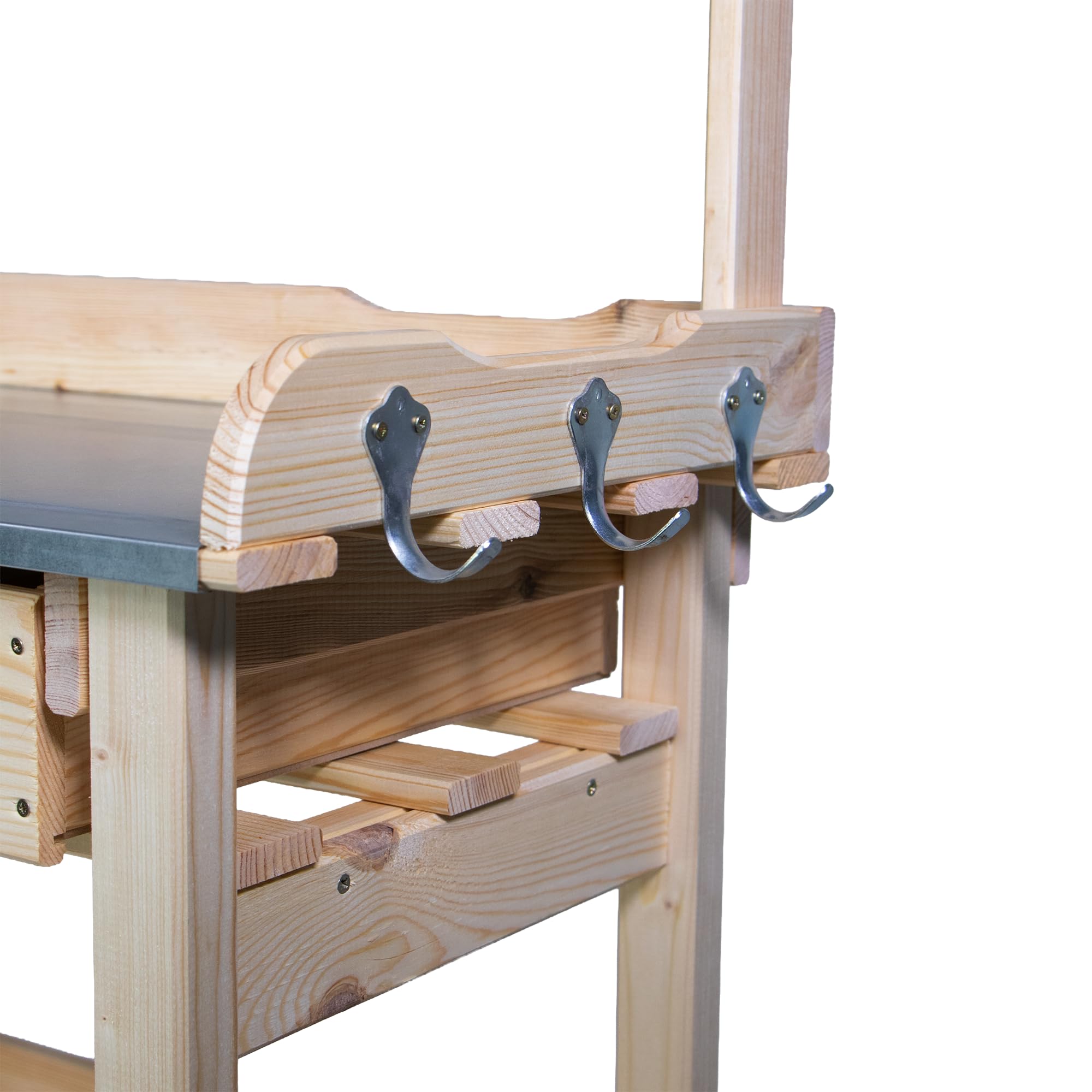 mgc24® Table de jardinage avec plan de travail galvanisé | 80 x 40 x 117 cm | bois de pin naturel | avec plateau + 3 tiroirs + montant supérieur
