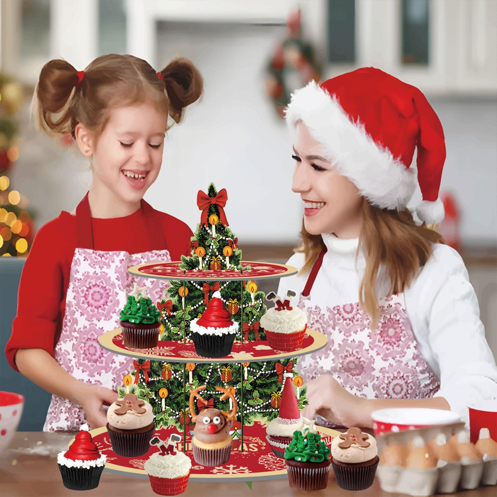 Alzata per Cupcake di Natale, Supporto per Cupcake di Natale, Alzata per Torte in Cartone, 3 livelli Supporto per Cupcake di Natale con Albero di Natale, Decorazione per Torte di Natale