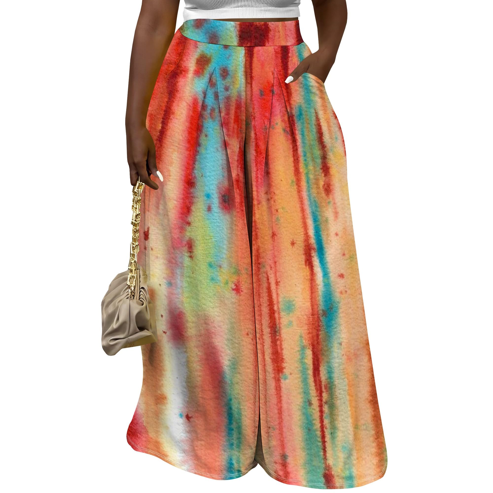 Womens High Waist Wide Leg Pants with Pockets - Printed Palazzo Style Casual Travel Holiday Plus Size XS-3XL