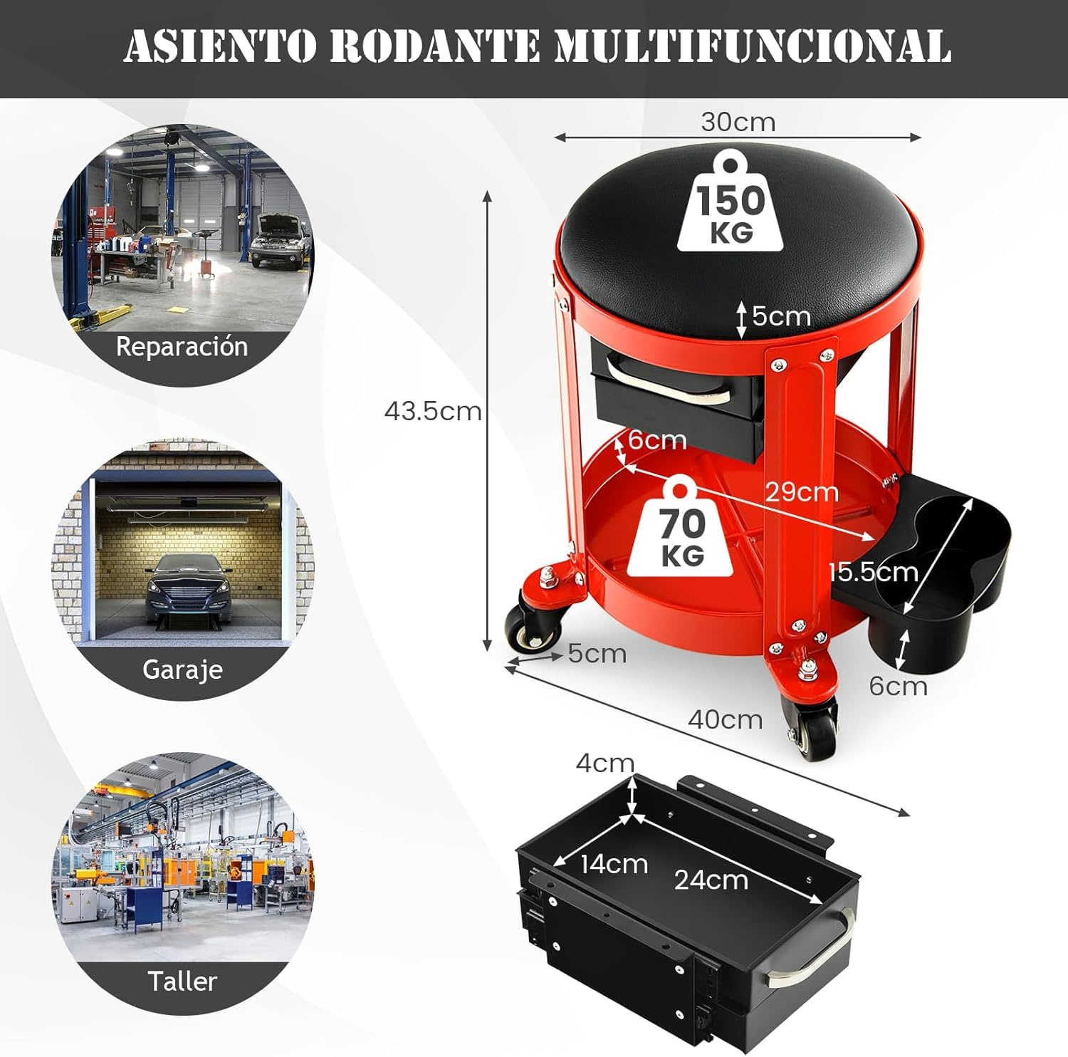 GYMAX Taburete Taller con Ruedas, hasta 150 kg, Taburete con Ruedas con Cajones Dobles, Soporte para Latas y 4 Ruedas Universales, Taburete Mecánico con Bandeja para Taller y Garaje