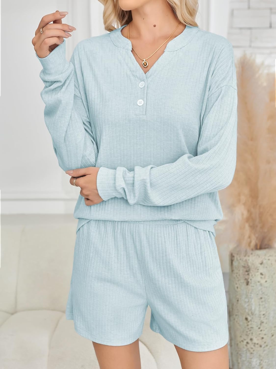 Womens Ribbed Knit 2 Piece Lounge Sets Outfits Long Sleeve Top and Shorts Pajama Sets Loungewear with Pockets - Image 2