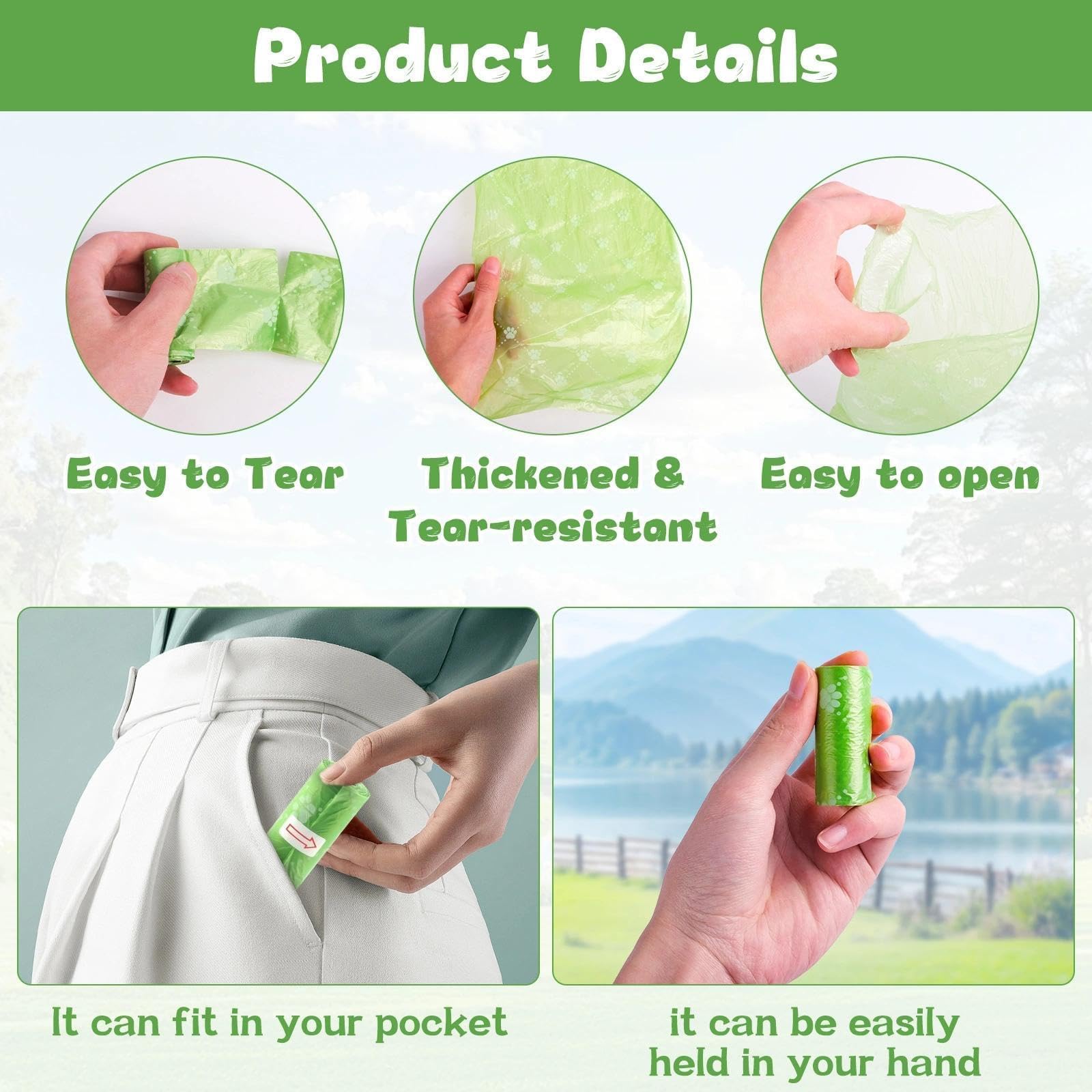 570 Pcs Bolsas Caca Perro, 6 Colores, Biodegradables, Bolsas Perro Prueba de Fugas, Dog Poop Bag para Uso Fuera de Casa, Fácil Apertura, para Perros y Mascotas, 22 x 32 cm (38 Rollos, 15 por Rollo) — view 3