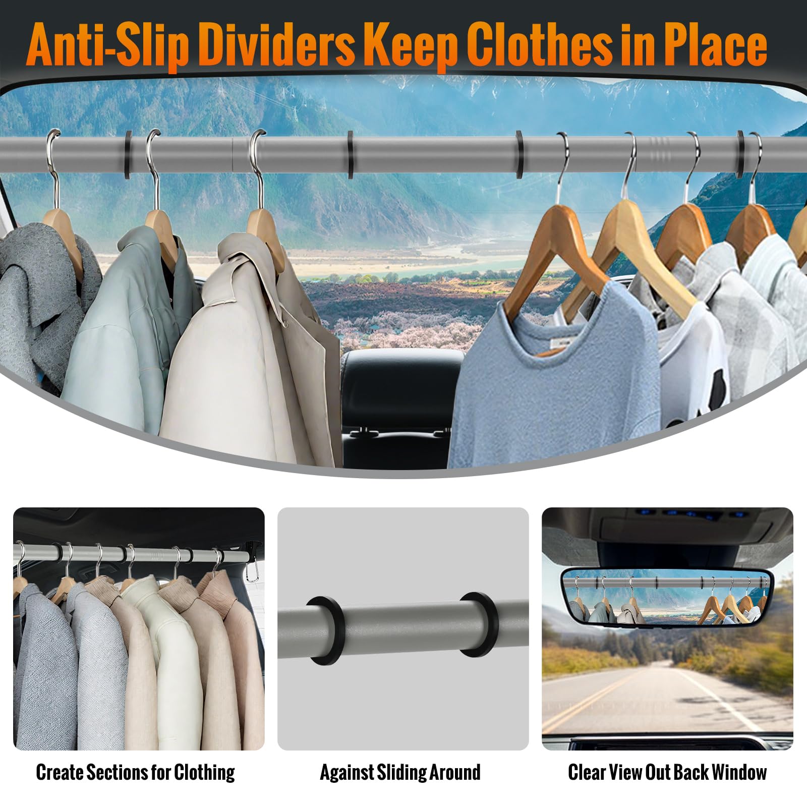 Car Clothes Hanger Bar Heavy-Duty Wrinkle Free Clothes Rack for Car Adjustable 30-64 Inches Automotive Travel Hangers for SUVs, Vans, Trucks, RVs (Gray)