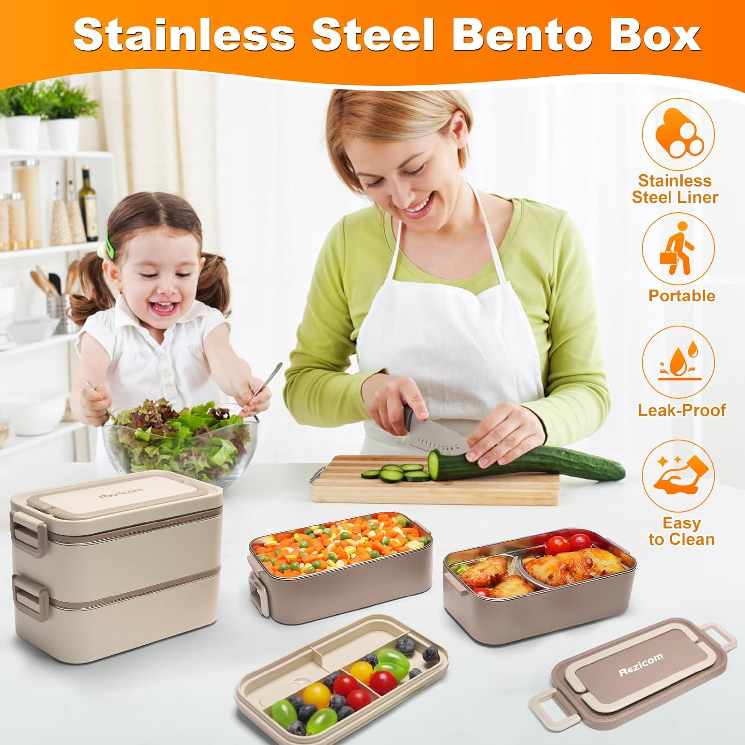 Stainless Steel Lunch Box for Kids and Adult, Two Layer 2 L Capacity Leak-Proof Bento Box for Kids, Lunch Containers for Women School Office with Stainless Steel Soup Bowl Spoon and Fork - Image 2