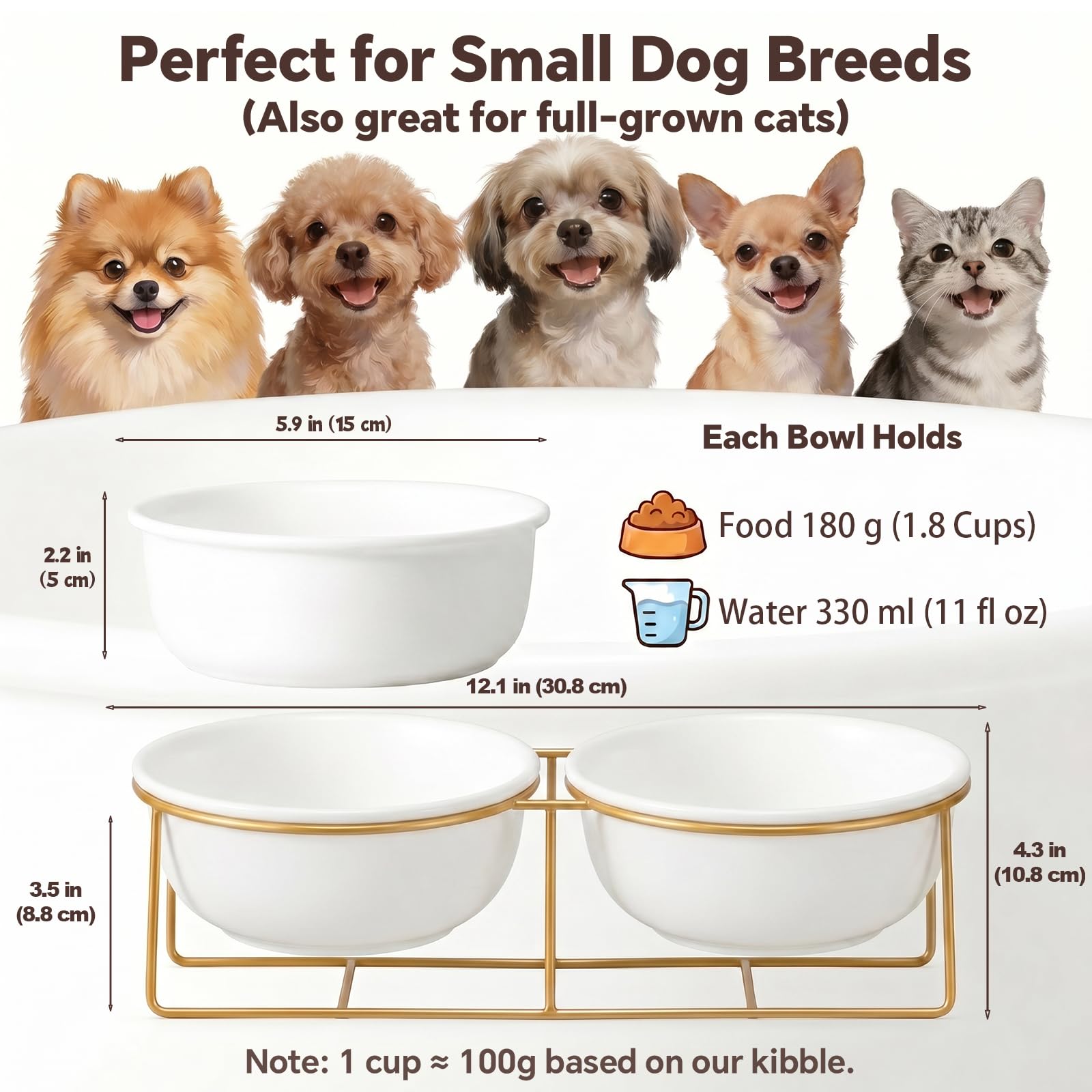 Gamelle surélevée pour chien et chat - Gamelle en céramique pour nourriture et eau - Gamelles confortables pour animaux domestiques avec support en fer doré