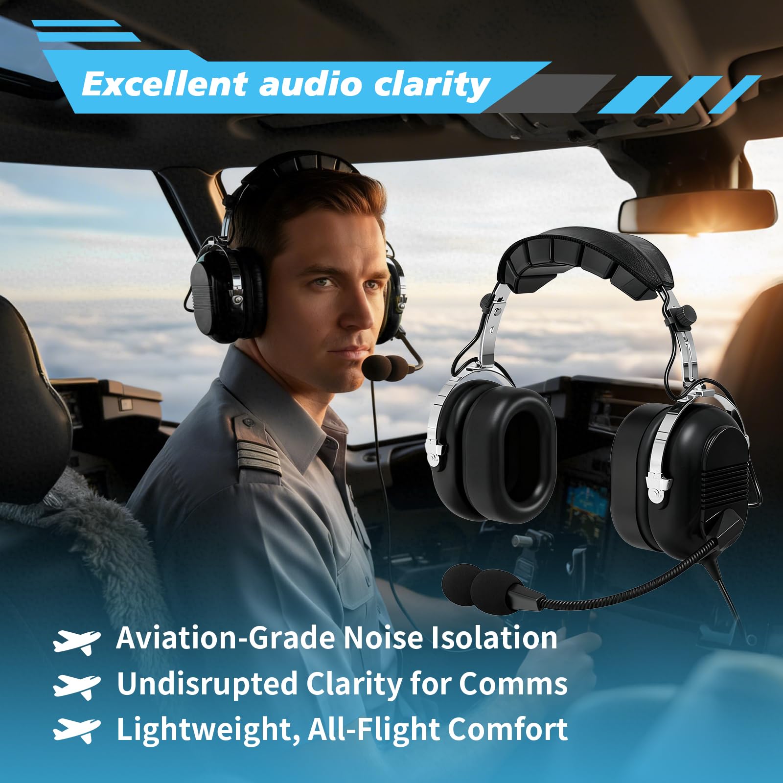 WODASEN General Aviation Headset GA Dual Plug Pilot Headsets mit Galgenmikrofon Flugzeug Noise Cancelling GA Stecker (Schwarz)