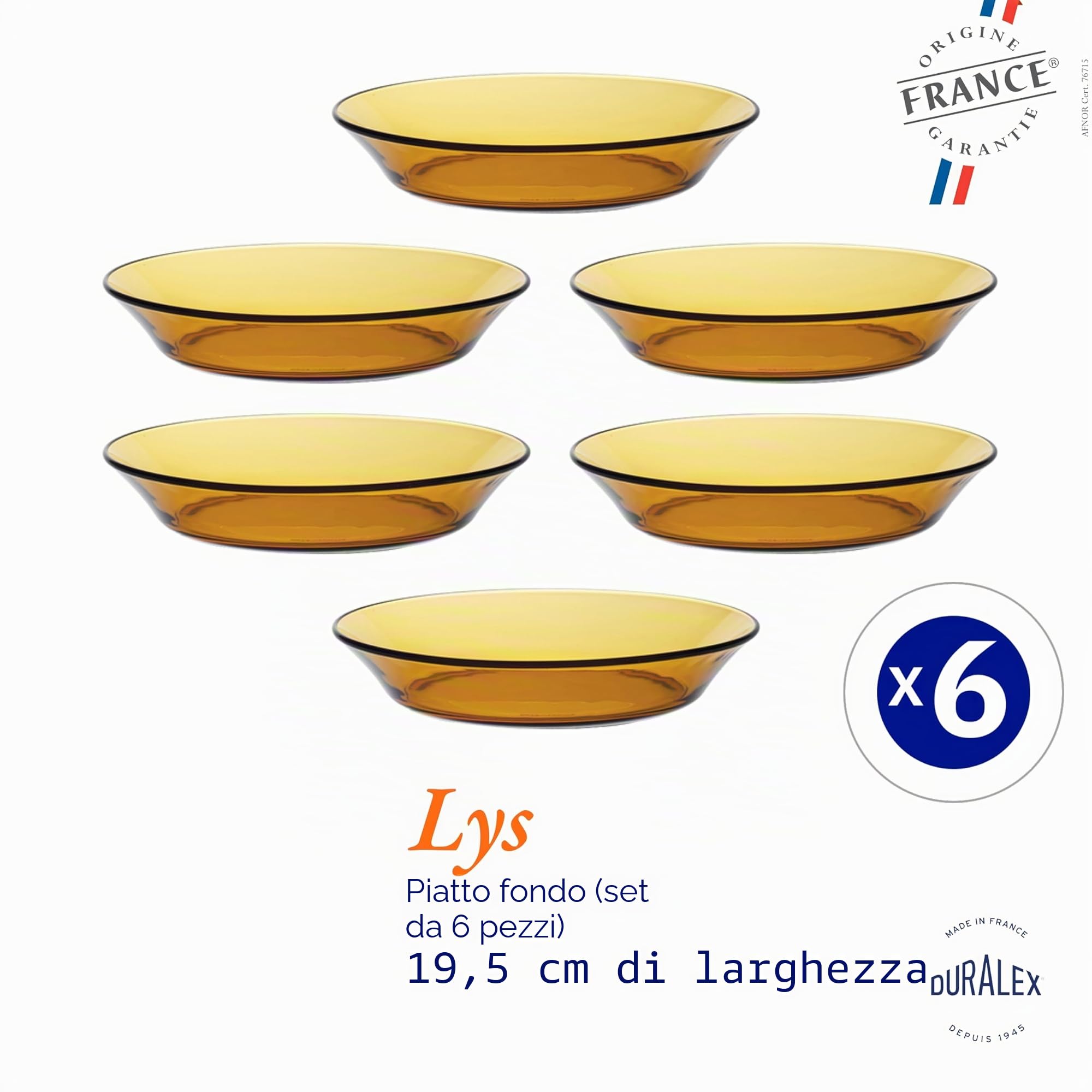 Duralex 3007DF06 Set di 6 Piatti Fondi in Vetro Vermeil, 19,5 cm