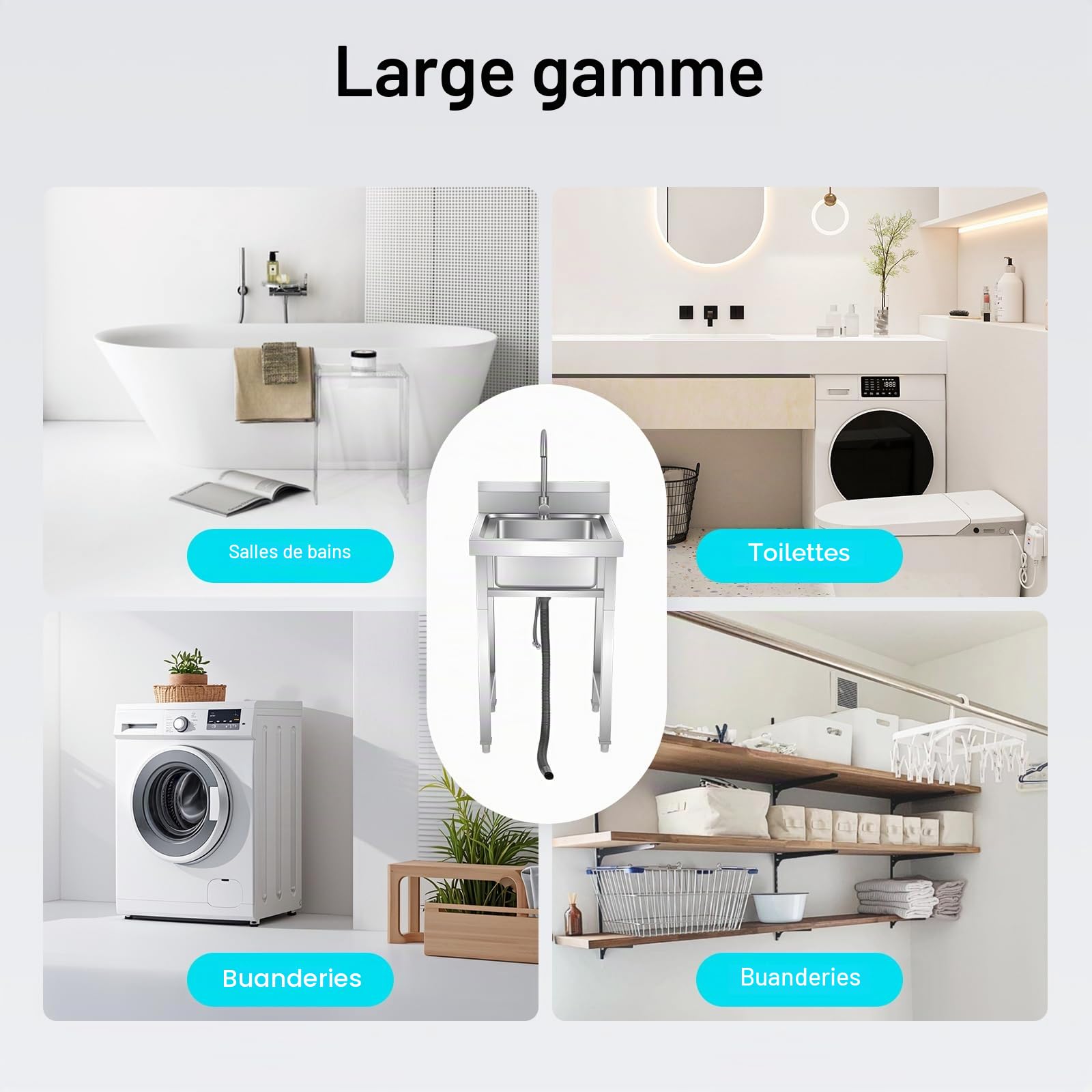 Évier Cuisine sur Pied Évier,Inox Autonome Professionnel avec Robinet Pivotant 360° Étagère et Dosseret Anti-Éclaboussures (50×50×93cm)