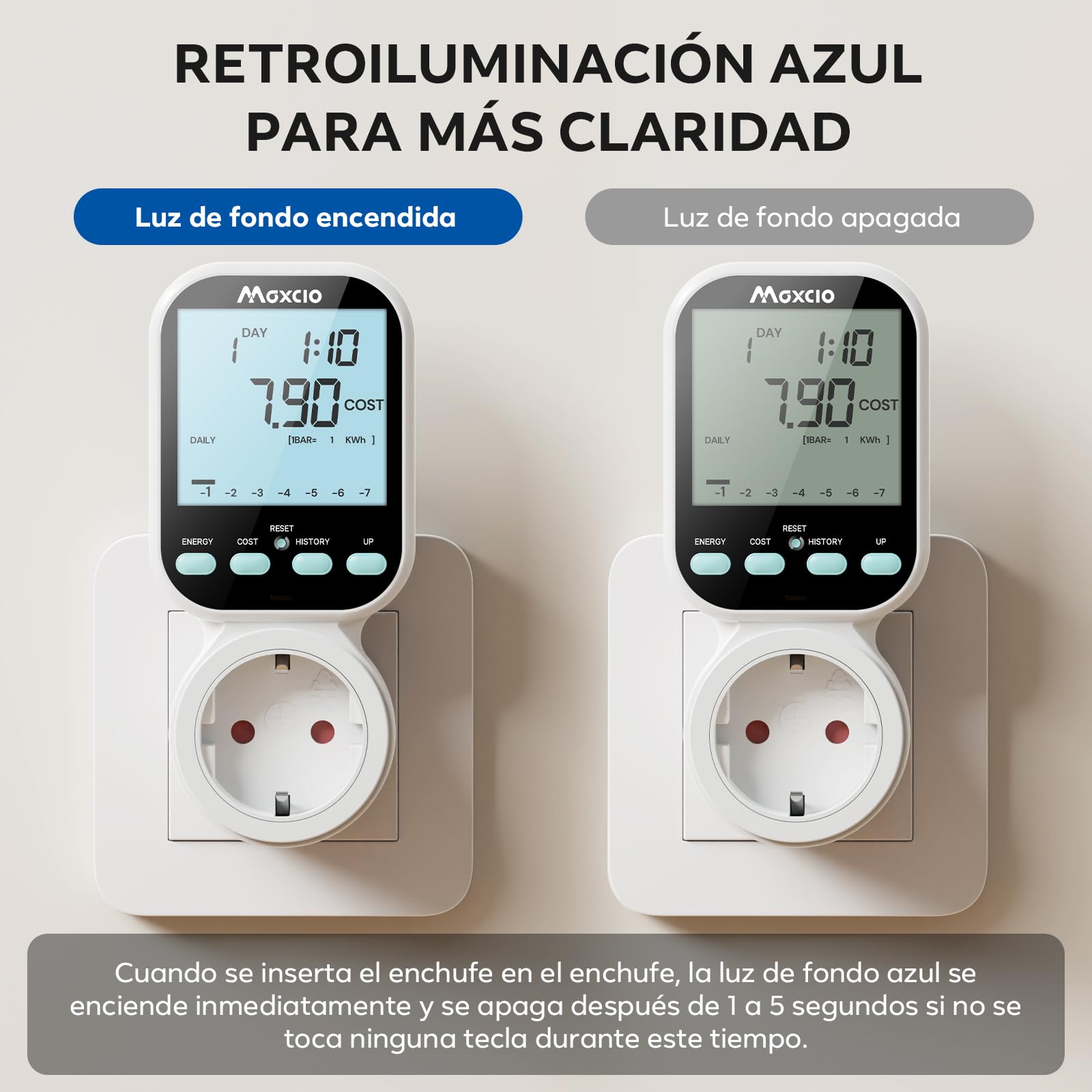 Maxcio Medidor de Consumo de Energía, enchufe de ahorro energético con pantalla LCD retroiluminada, 7 Modos Medidor de Consumo Electrico con Protección contra Sobrecarga, Nuevo Estilo