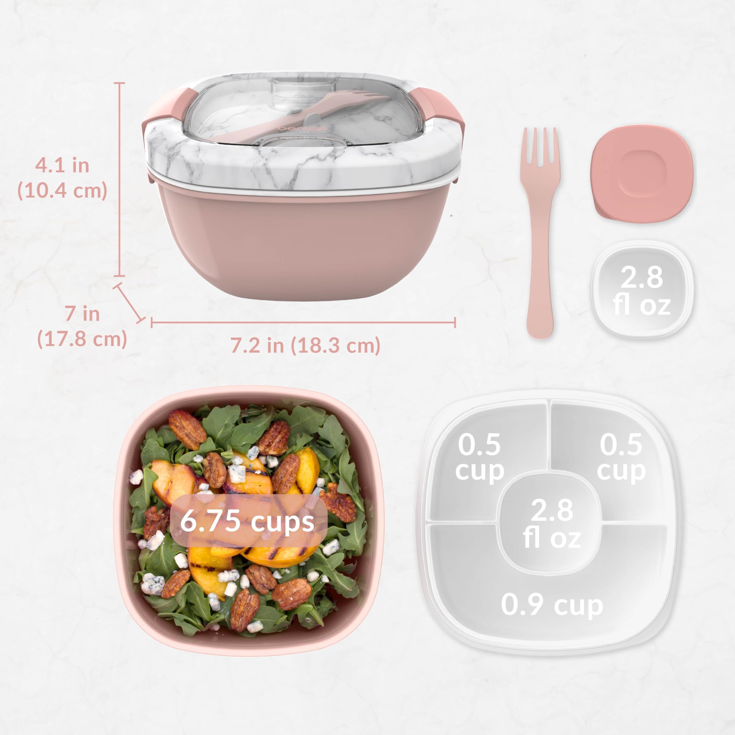 Bentgo® Salad - Stackable Lunch Container with Large 54-oz Salad Bowl, 4-Compartment Bento-Style Tray for Toppings, 3-oz Sauce Container for Dressings, Built-In Reusable Fork & BPA-Free (Blush Marble)