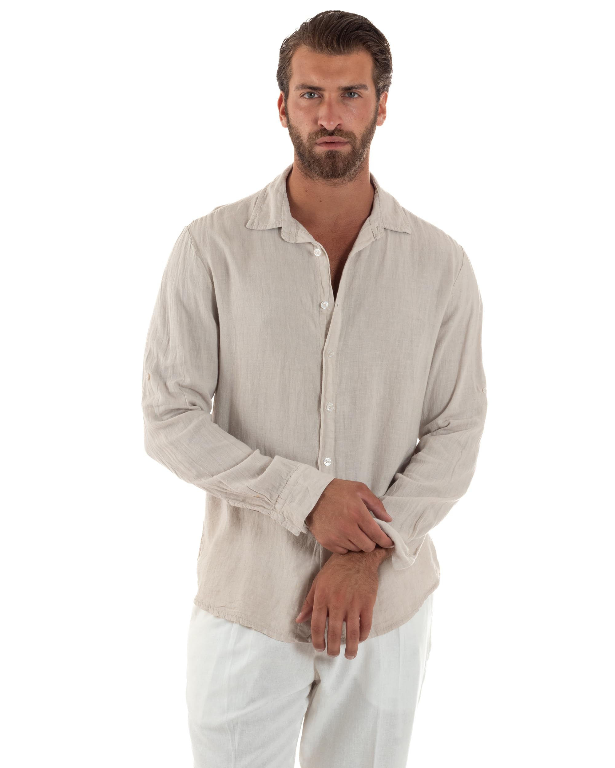 Camicia Uomo Lino Colletto Maniche Lunghe Casual Regular Fit Basic Tinta Unita Vari Colori
