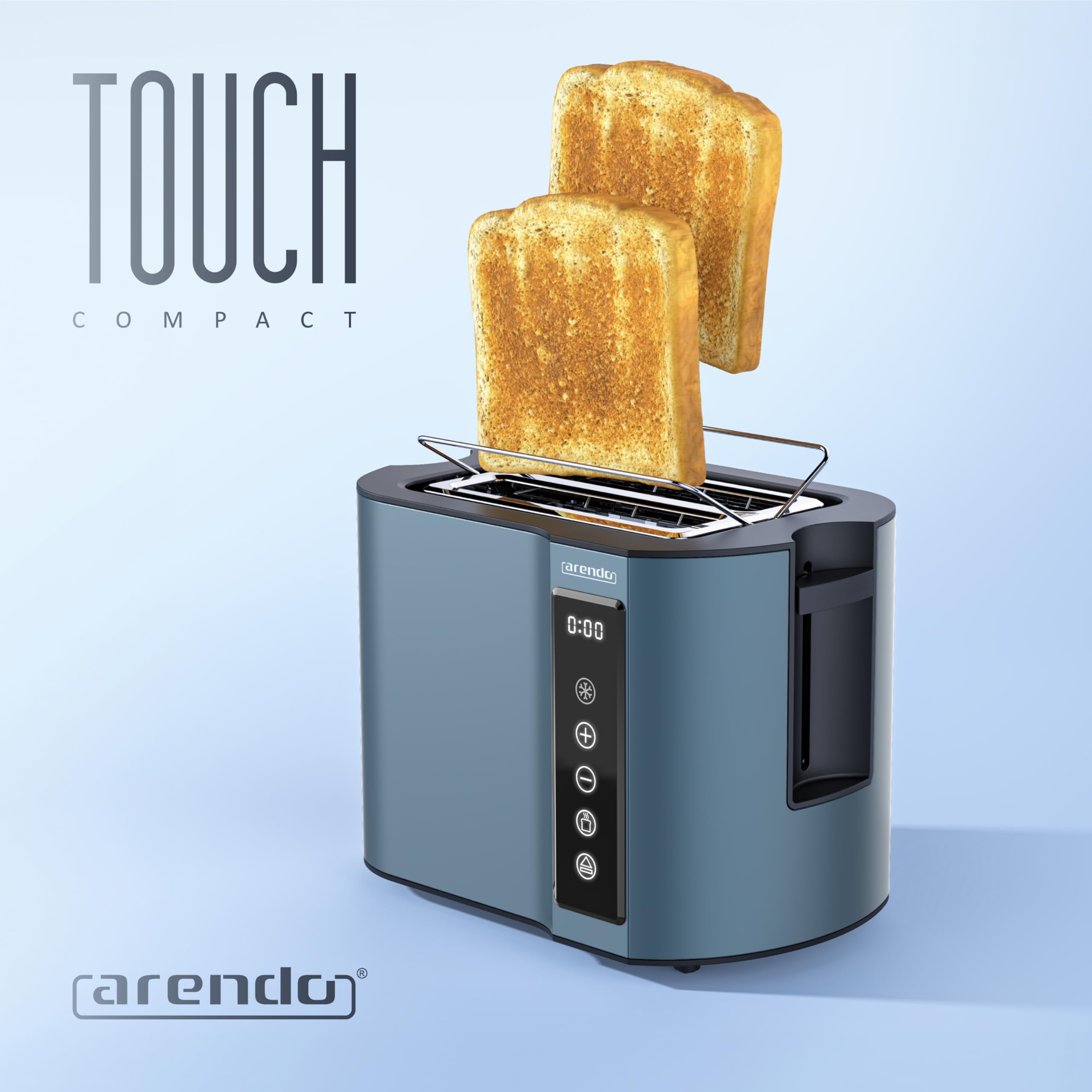 Arendo - Touch Toaster 2 Scheiben Edelstahl - Touchpanel - digital Display Restzeitanzeige - 800 W – Doppelwandgehäuse – mit Brötchenaufsatz – 7 Bräunungsgrade – Brotscheibenzentrierung - Blau