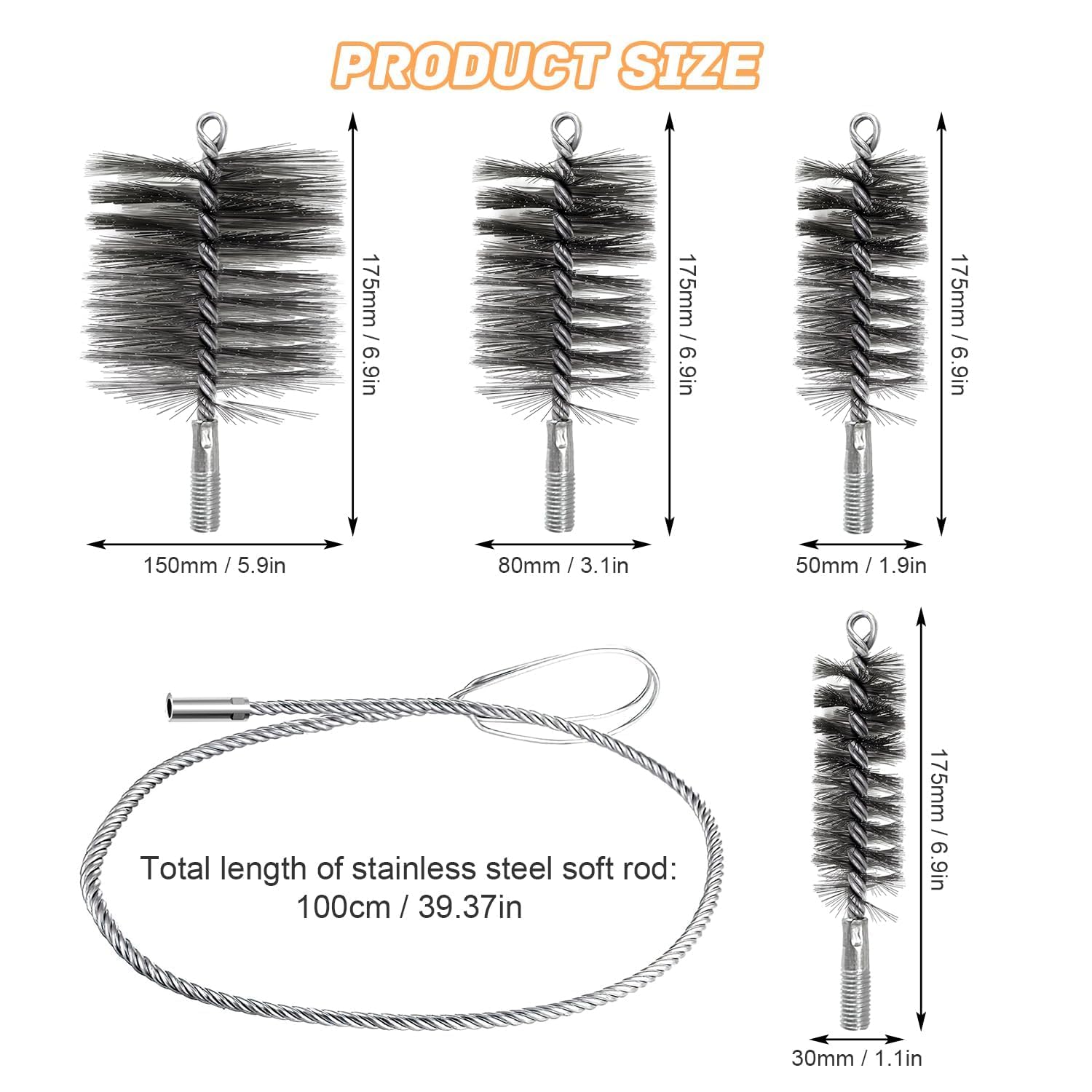 Set da 5 pezzi Spazzola per Canna Fumaria, Camino, Pulizia Tubi 30mm 50mm 80mm 150mm