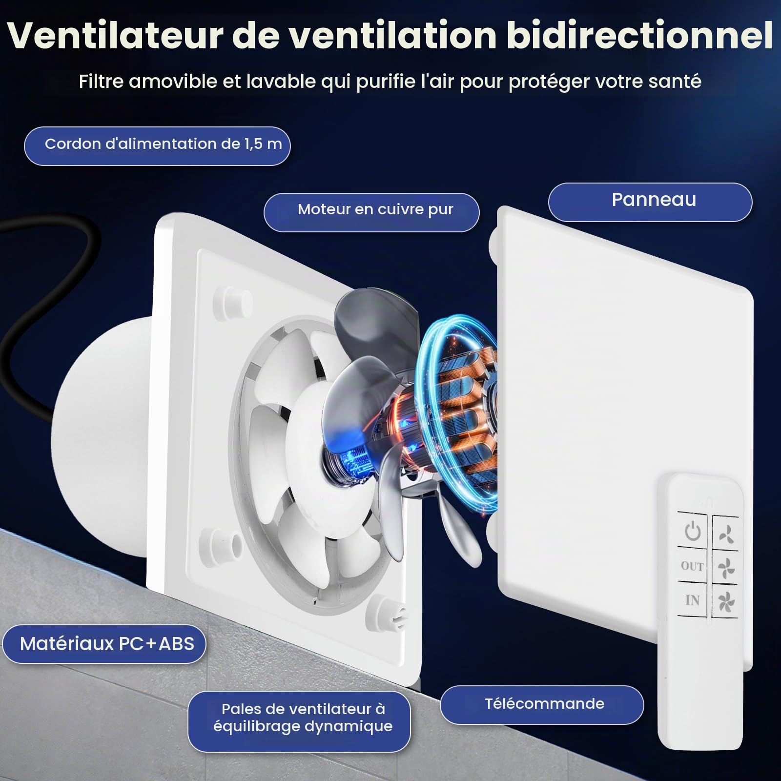 VMC Salle de Bain,100mm 130m³/h Extracteur d'air Salles de Bain avec Télécommande, 2 Directions, 3 Vitesses, Puissante Ventilation, pour Salle de Bain, Cuisine, WC, Garage