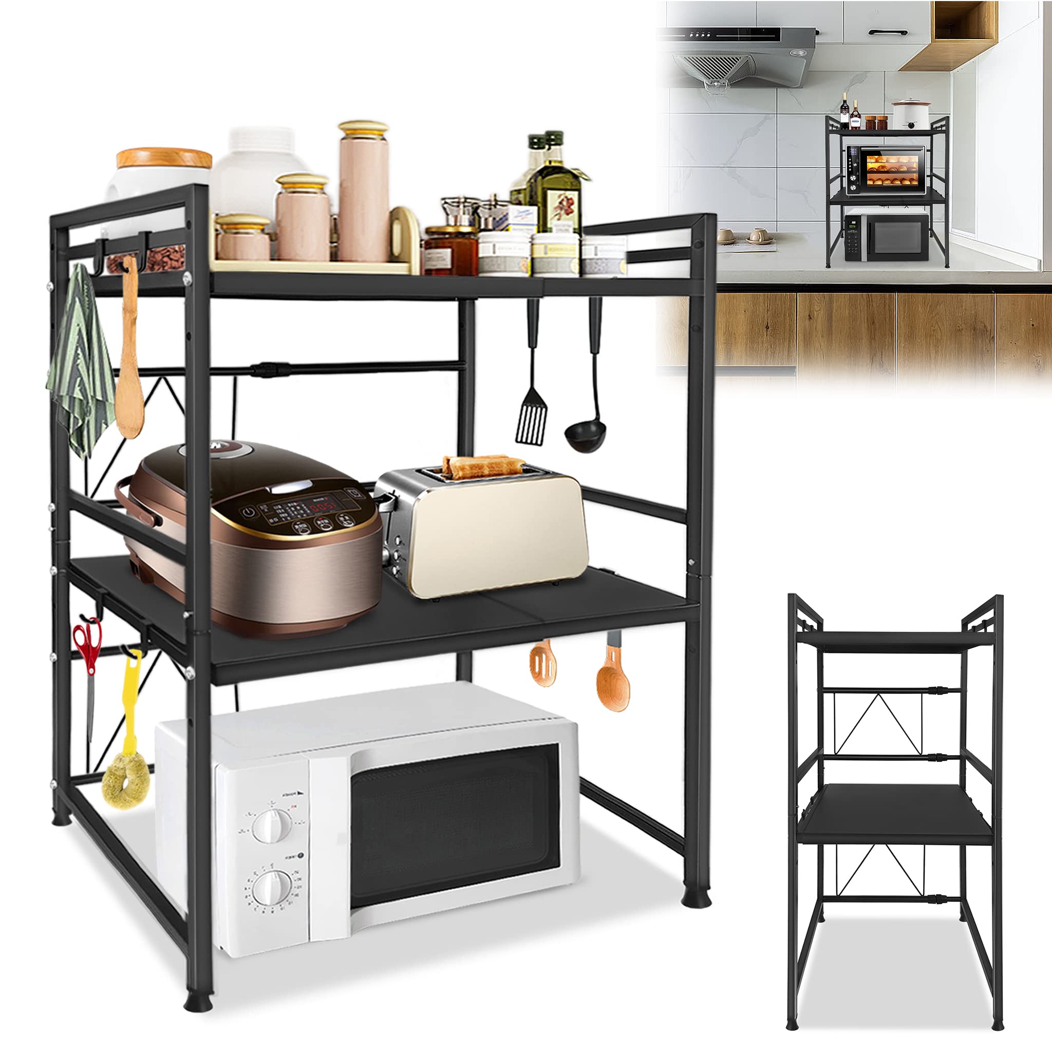 XMTECH Estantería de 3 Niveles para microondas, Soporte Ampliable para microondas, Estante para microondas, Estante para microondas, Estante para microondas, de pie con 8 Ganchos, Color Negro