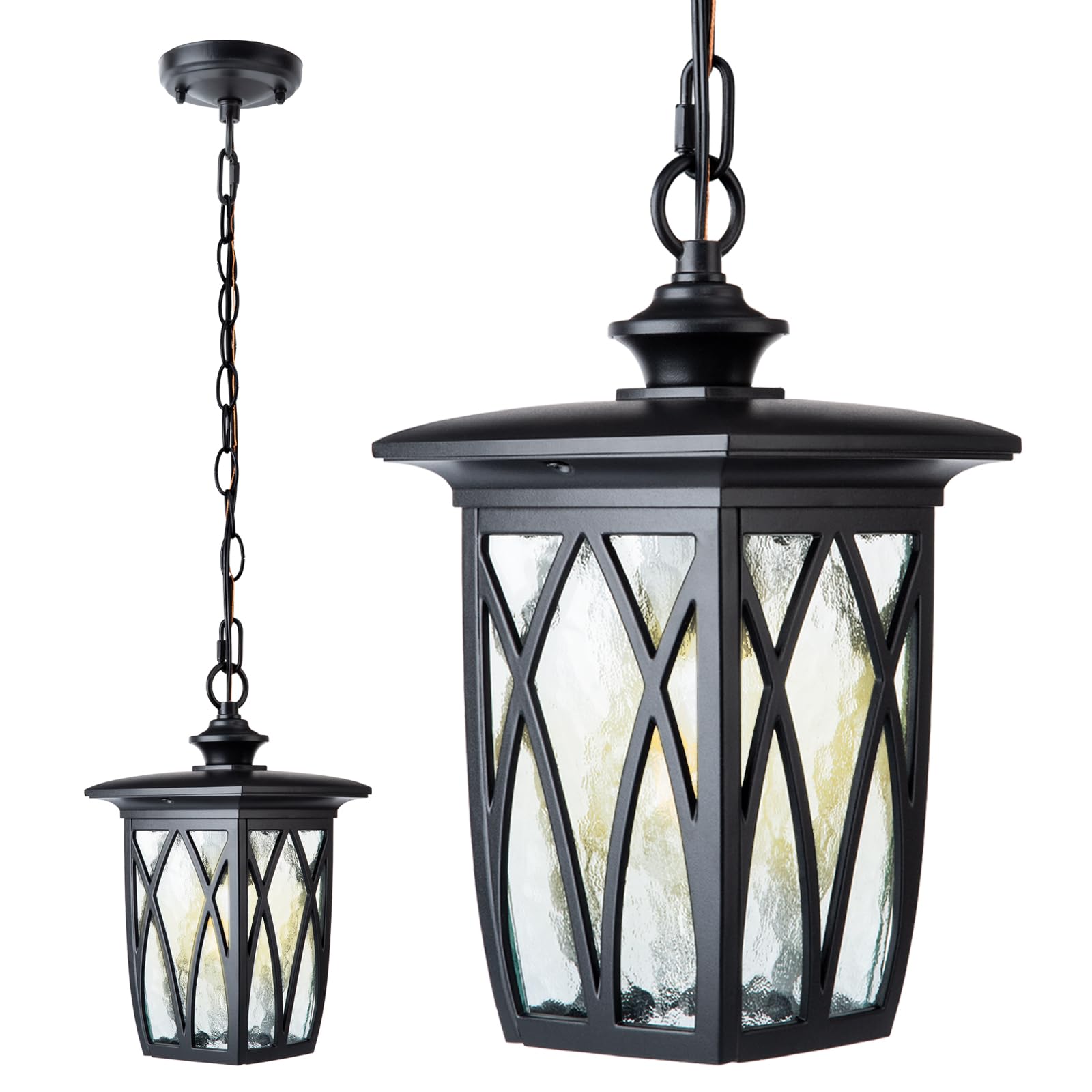 12'' Outdoor Pendant Light Fixture, Exterior Hanging Lantern, Modern Black Metal Outside Chandelier Light Fixture Ceiling Mount with Water Ripple Glass &amp; Adjustable Chain for Porch, Gazebo, Front Door