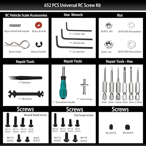 Miniatura 3 de Juego de 652 piezas universales para reparación de automóviles a control remoto, kit de tornillos universales para reparación de automóviles RC y