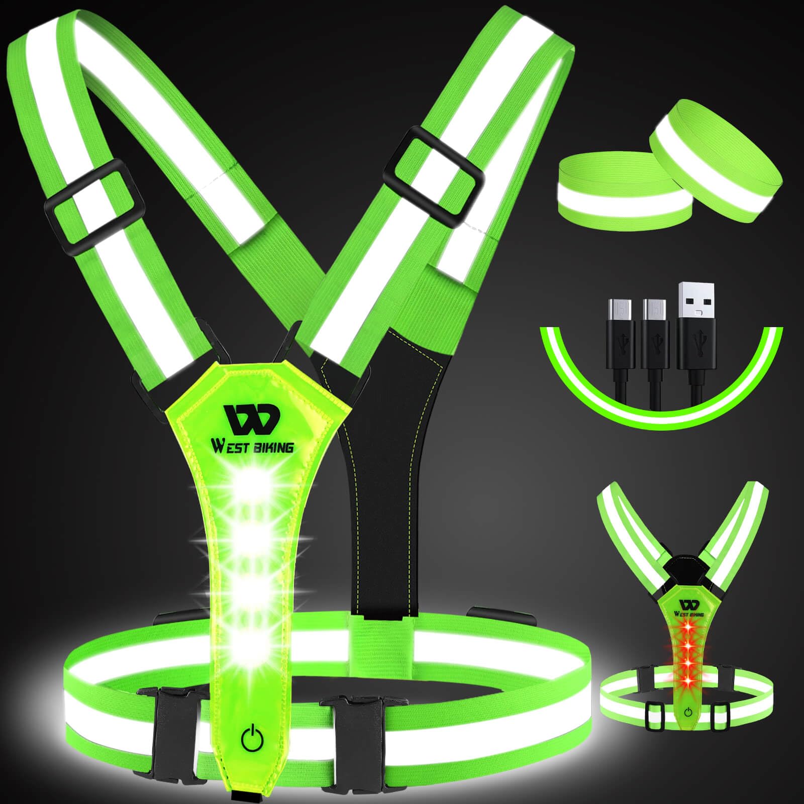 West Biking Running Vest Light Led Running Reflective Gear for Walking at  Night, High Visibility Night Rechargeable Light Up Running Vest,
