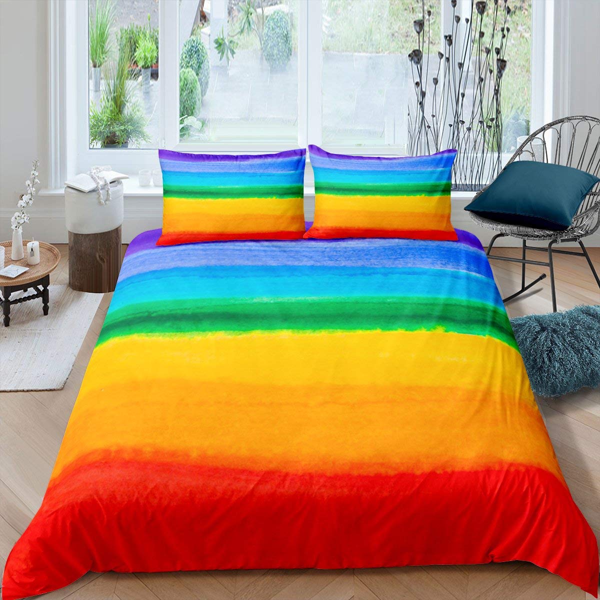 Housse de couette fille à rayures arc-en-ciel en lin aquarelle pour lit enfant