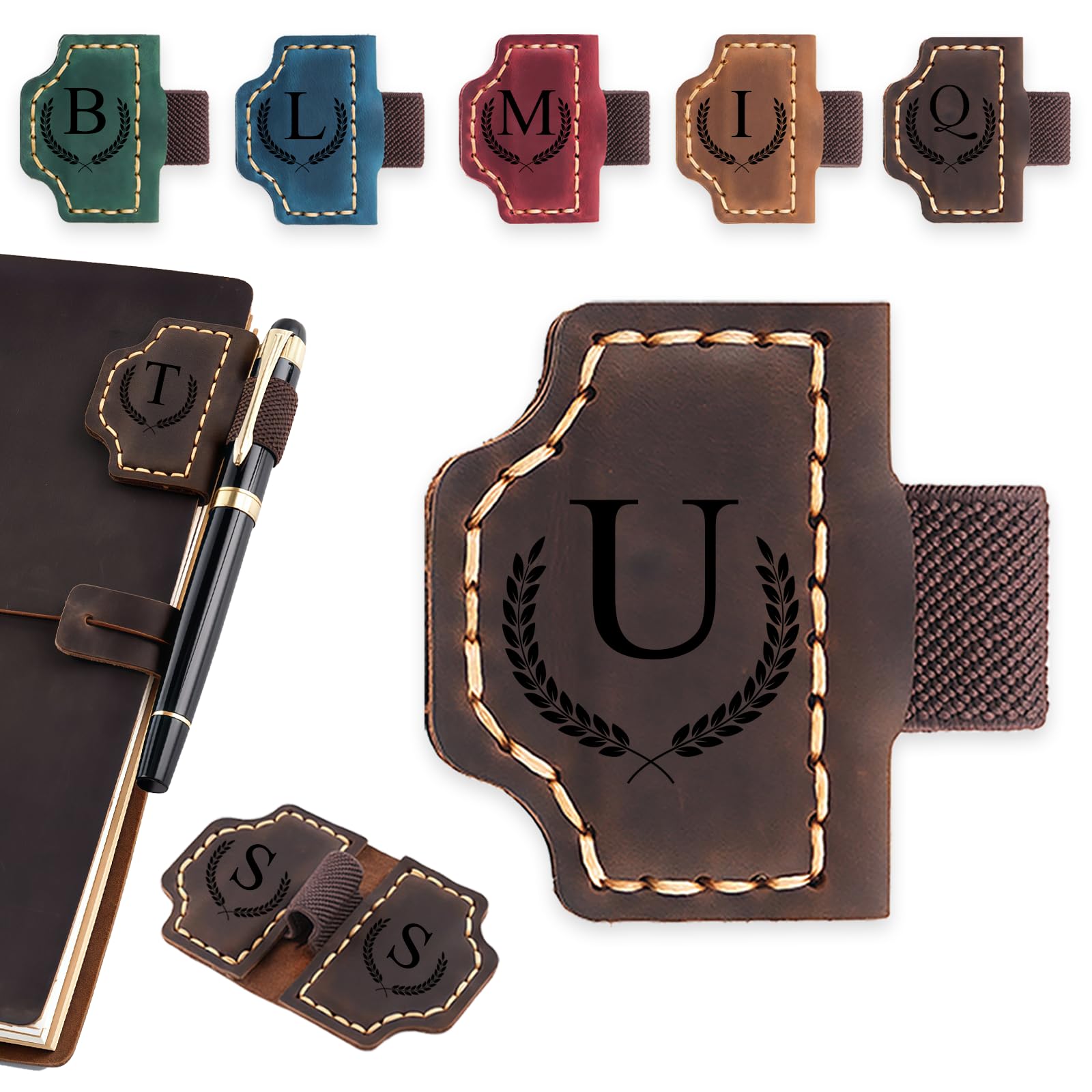 Personalised Magnetic Bookmark Magnetic Bookmarks for Women Personalized Leather Pen Holder Bookmark Custom Carving 26 Initial Ietters Suitable for Men Women Reading Enthusiasts (Dark Brown, U)