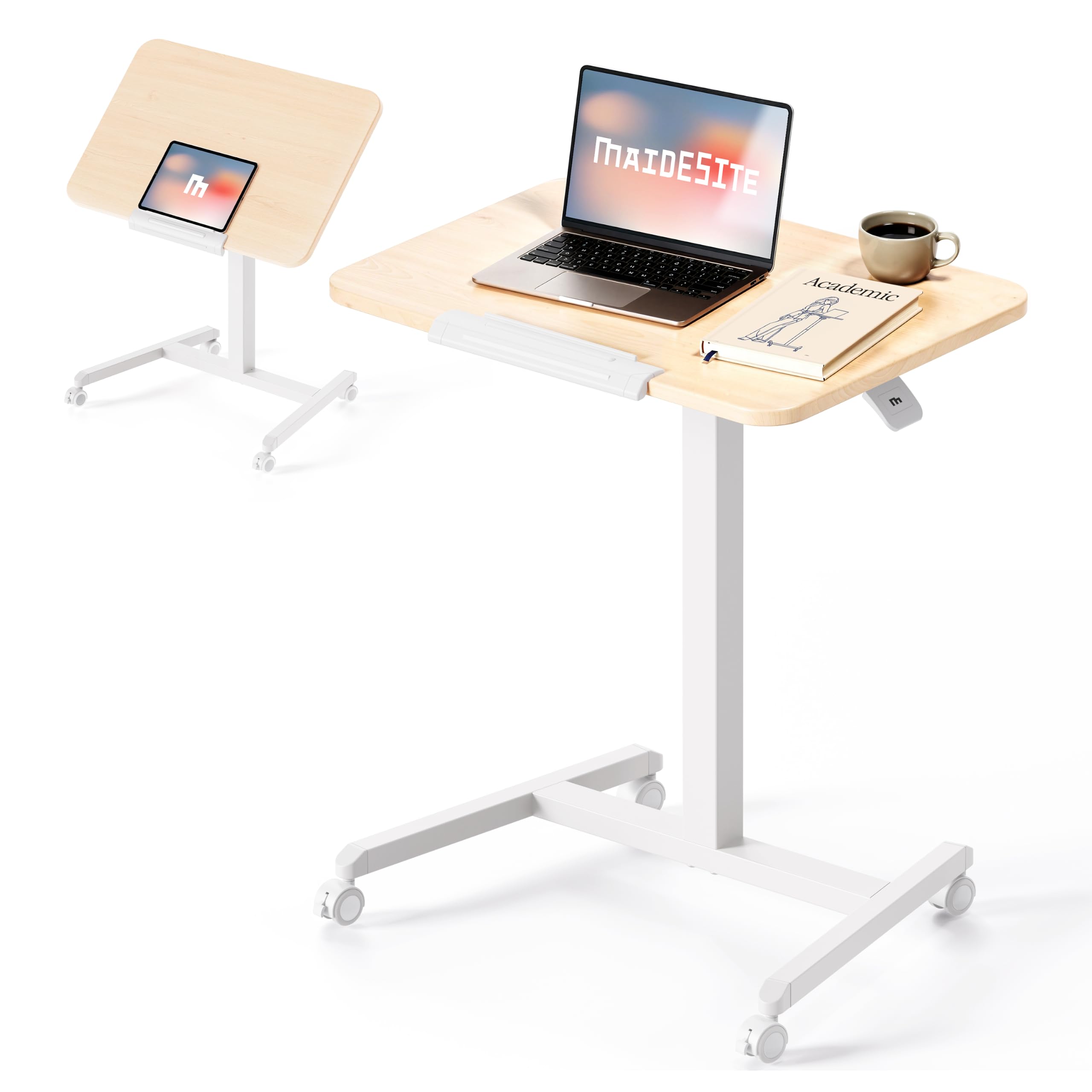 MAIDeSITe Table d’appoint Mobile avec roulettes, réglable en Hauteur 76–110 cm, Plateau inclinable Pliable, Table pour Ordinateur Portable, Bureau Assis-Debout pour télétravail et Maison（Chêne）