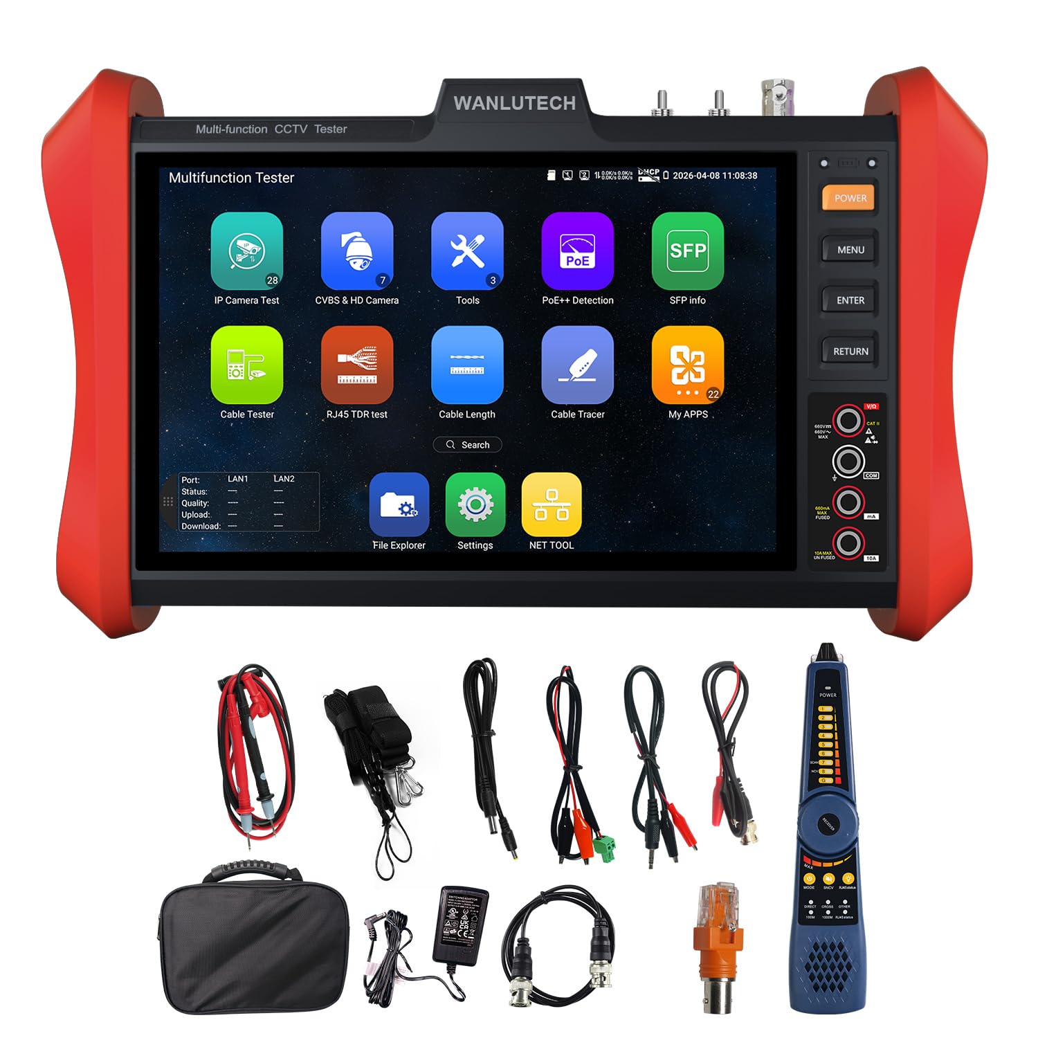 4K 12MP IP Camera Tester, WANLUTECH 8'' Touchscreen CCTV Test for 8MP TVI CVI AHD CVBS Cameras DMM OPM VFL Cable Tracer SFP Test RJ45 Cable TDR Test Network Testing Tool HDMI VGA (E90)