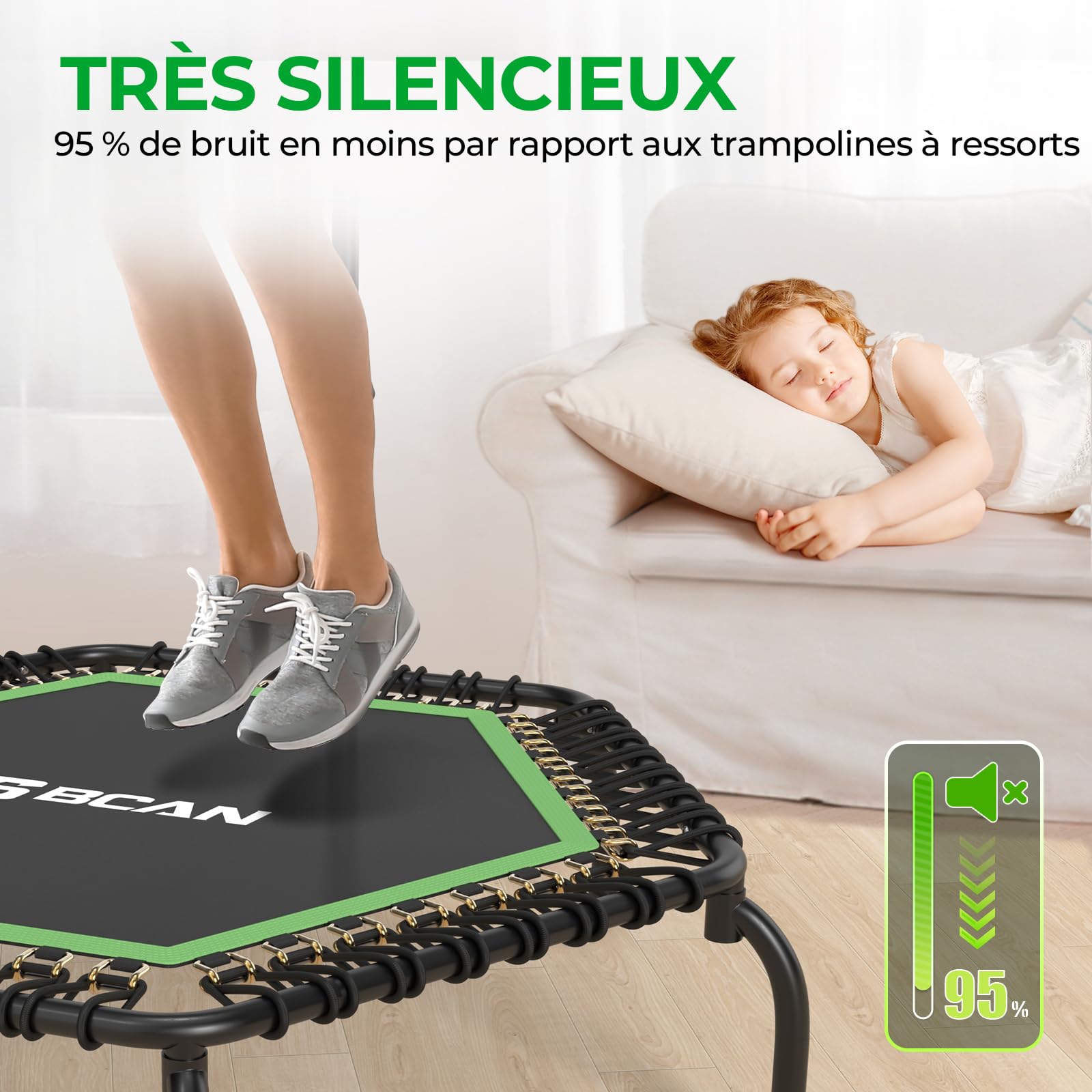 Trampoline d'intérieur BCAN Fitness, diamètre Ø 102/122/130 cm, Mini Trampoline à élastiques/Ressorts, Convient aux Adultes jusqu'à 204/250 kg, avec poignées réglables, Silencieux.