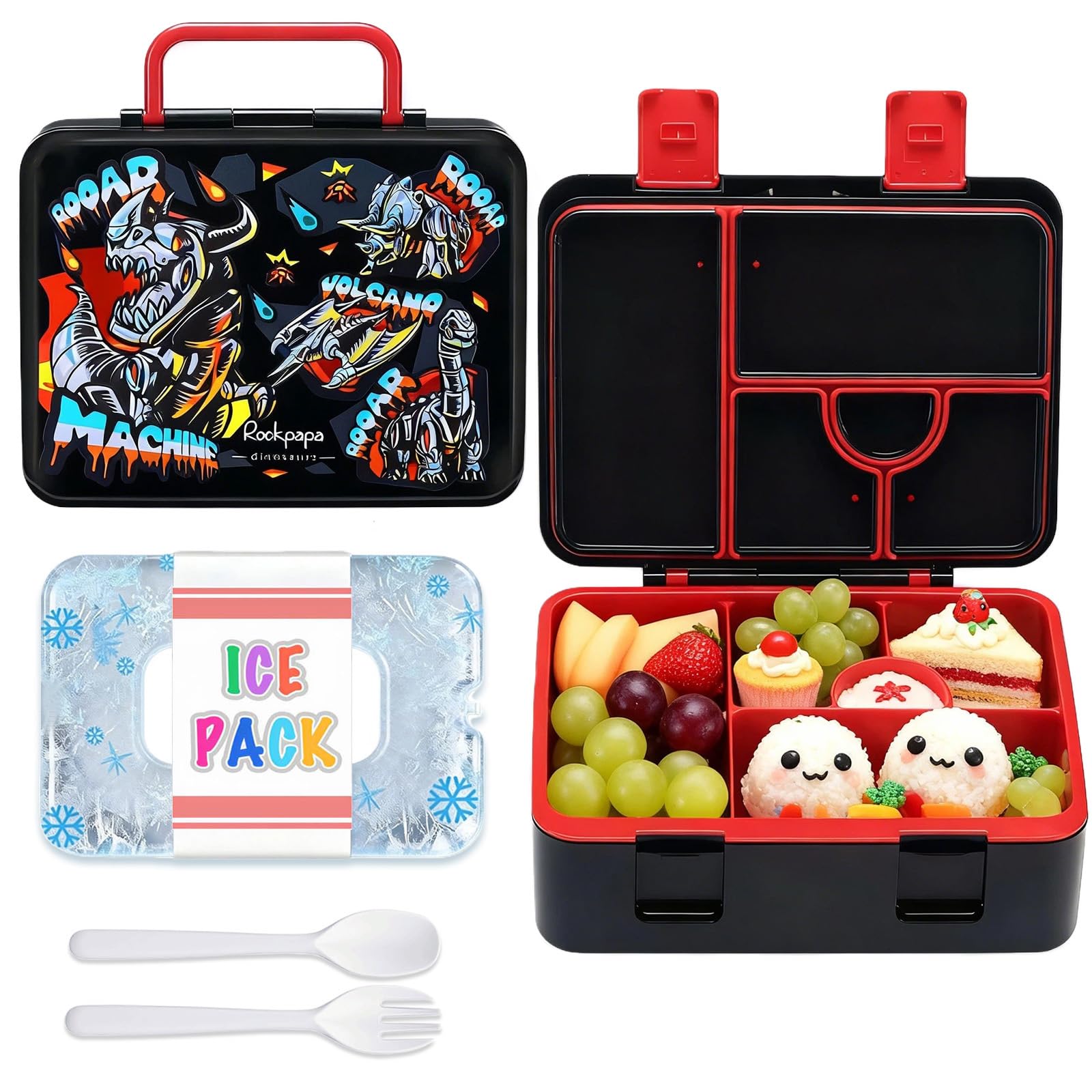 rockpapa 5 Compartment Bento Lunch Box with Ice Pack for Kids, Leak Proof, Dishwasher Safe, BPA Free Materials, 47oz Snack Bento Box with Utensils & Handle for Boys Girls Ages 3+ (Black Dinosaur)