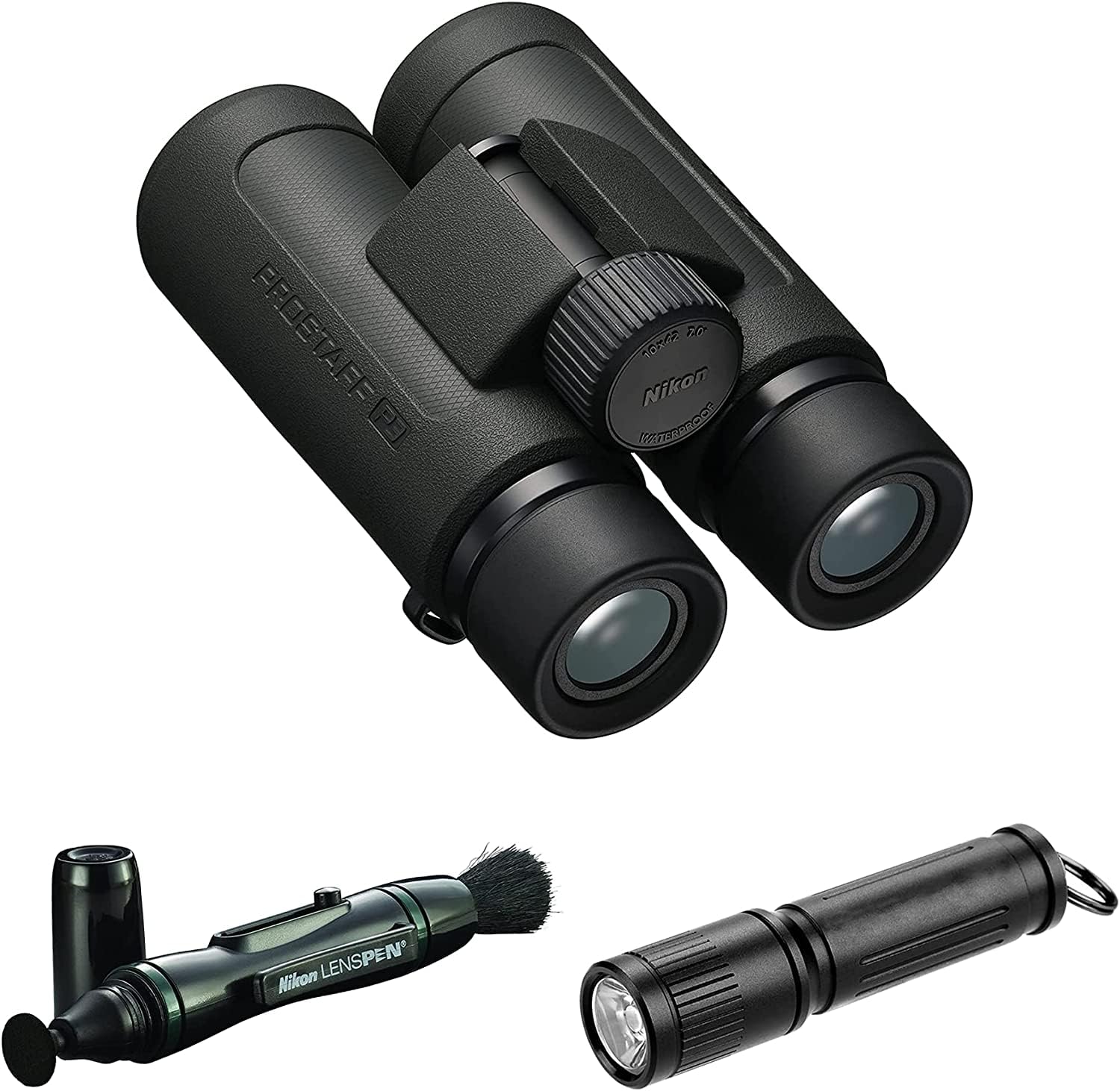 Nikon PROSTAFF P3 10x42 Waterproof Binocular for Adults | Small & Compact Travel Binoculars for Bird Watching | Lens Pen Cleaning System, & Flashlight