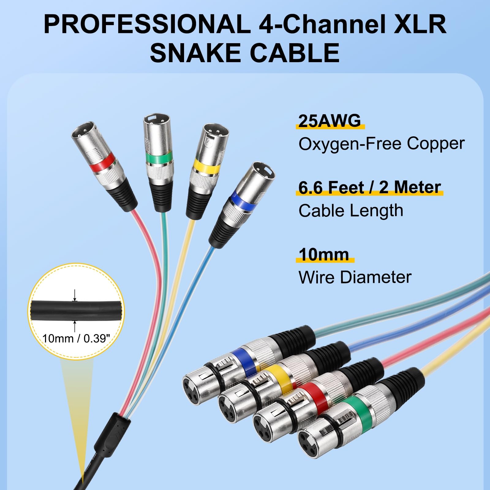 QUARKZMAN 1 Pezzo Cavo XLR A Serpente 4 Canali, Cavo Microfono XLR Maschio A Femmina 4 Vie A 4 Colori Cavo Patch Microfono Bilanciato Per Palco Studio Registrazione 6.6Ft