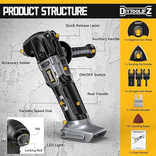 Miniatura 8 de Cordless Oscillating Tool for Dewalt 20v Battery, 6 Variable Speed Brushless Oscillating Saw Power Multi Tools Blades Kits with 22pcs Accessories