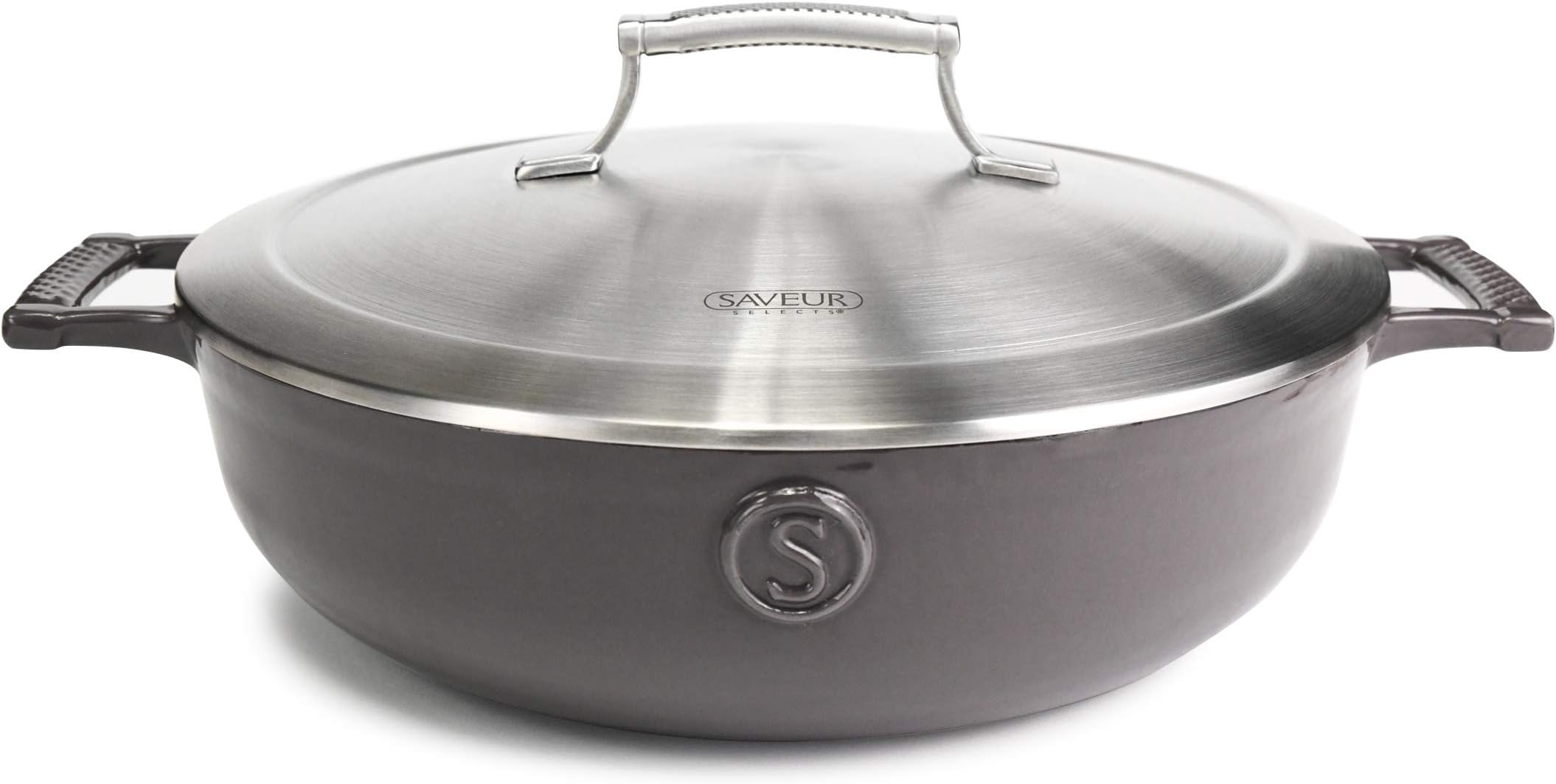 SAVEUR SELECTSEnameled Cast Iron Braiser, 4-1/2-Quart Dutch Oven with Double-walled Stainless Steel Lid, Rabbit Grey, Voyage Series