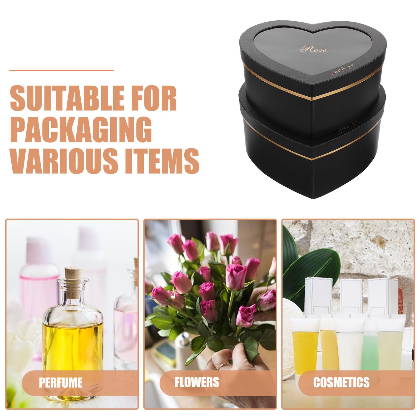 GRIRIW Herzförmige Geschenkbox Satz Schwarz mit Deckel Stapelbare Pappmaché Schachteln mit Transparentem Fenster für Selbstgemacht Valentinstag Blumen Make Up und Besondere Anlässe