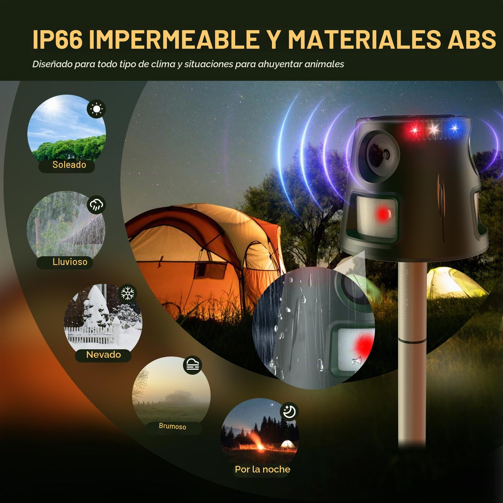 360° Solar Repelente Gatos, Ultrasónico Ahuyentador Pare Animales con Sensor de Movimiento y Luz Intermitente, 5 Modos Ahuyentador Impermeable para Exteriores para Ciervos Zorrillos Ardillas Conejos