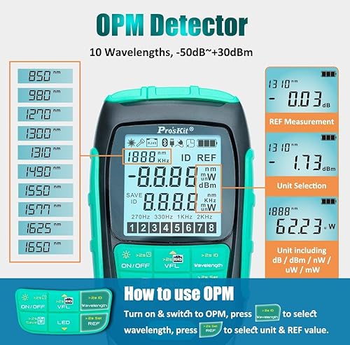 Miniatura 5 de Pro'sKit MT-7616 4 en 1 Multímetro de potencia óptica de fibra 30mW Salida de auto calibración Batería recargable de iones de litio 500 Prueba de