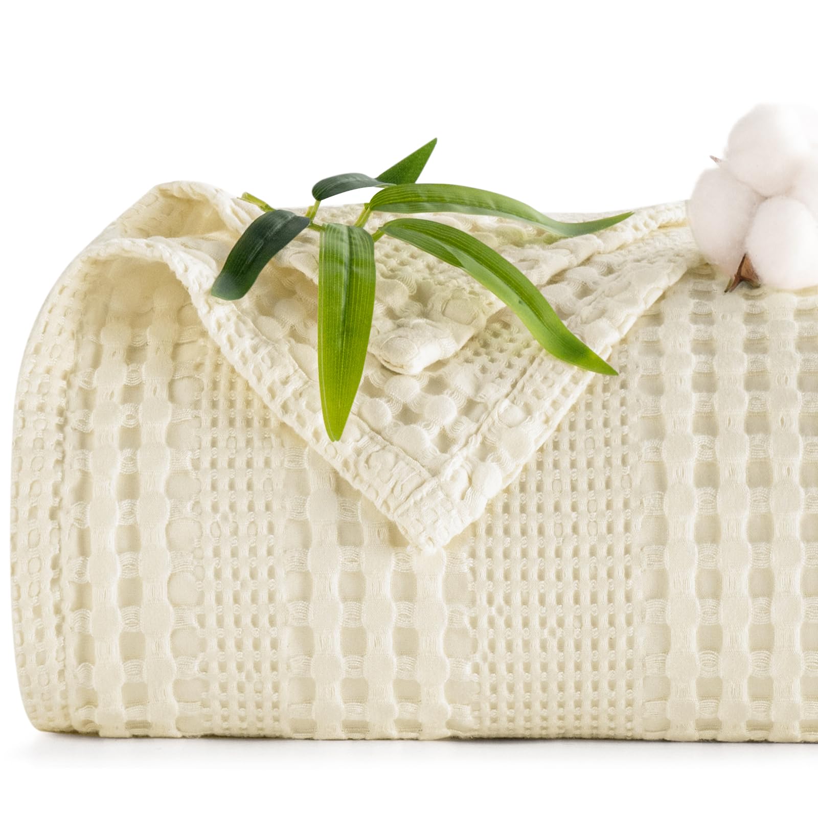 PHF Cooling Waffle Blanket California King Size, Lightweight 60% Rayon from Bamboo & 40% Cotton Breathable Blanket for Hot Sleepers, Spring & Summer, Soft Luxury for Bed Couch Sofa, 110"x96", Ivory