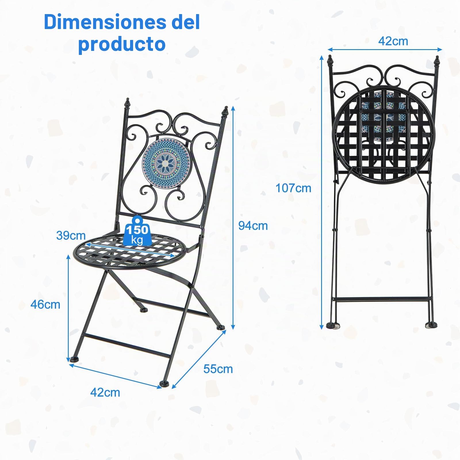 GIANTEX Juego de 2 Sillas de Mosaico para Exterior, Sillas de Bistro con Asiento y Respaldo Ahuecados, Marco de Metal, Conjunto de Sillas Plegables con Patrones de Mosaico para Terraza, Patio, Jardín
