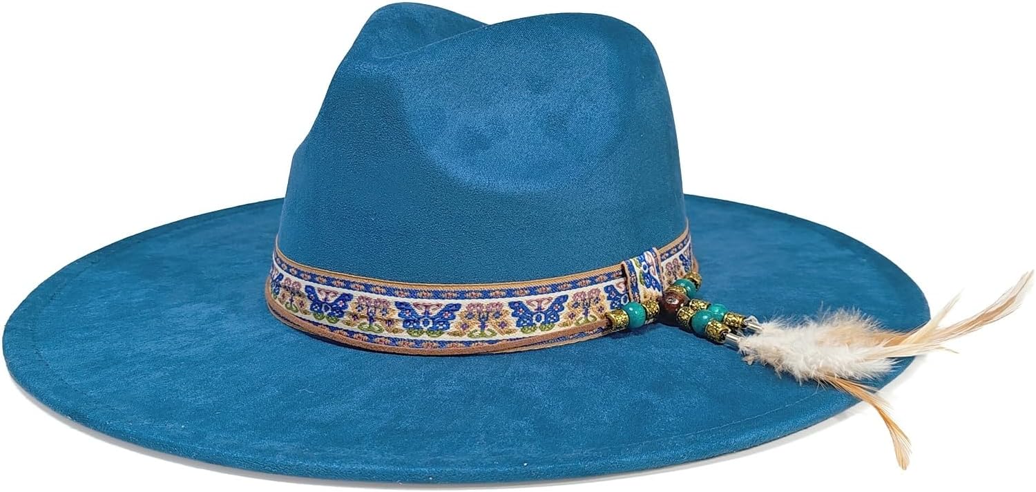 Fedora Hat for Men Women, Vintage Wide Brim Felt Panama Hat with Feather Suede Adjustable Jazz Cap