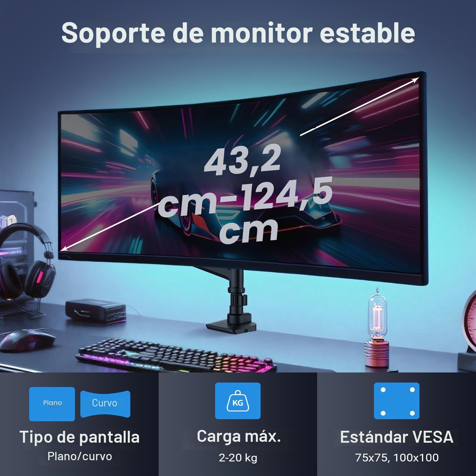 Wiltec Soporte para Monitor de 17" - 49" hasta 20 kg de Capacidad de Carga, Ajustable, Montaje de Pantalla Curva Brazo para Monitor con Placa VESA