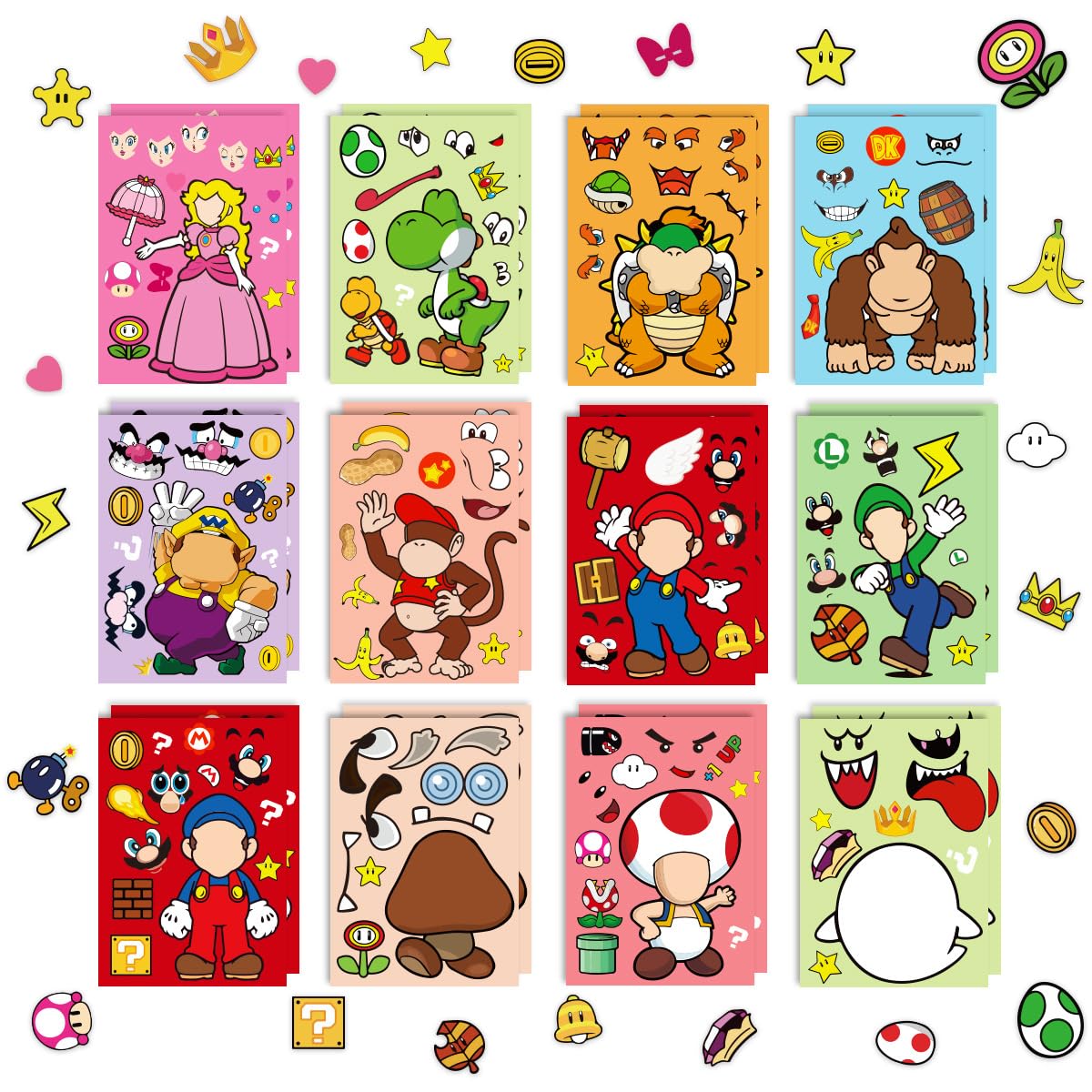 brave troops 48 Sheets Make-a-Face Stickers for Kids- Replacement for Super M Ario Bros - Create Your Own Stickers - 12 Unique Designs (4 of Each) - Ideal for Birthday Party Supplies and Decorations