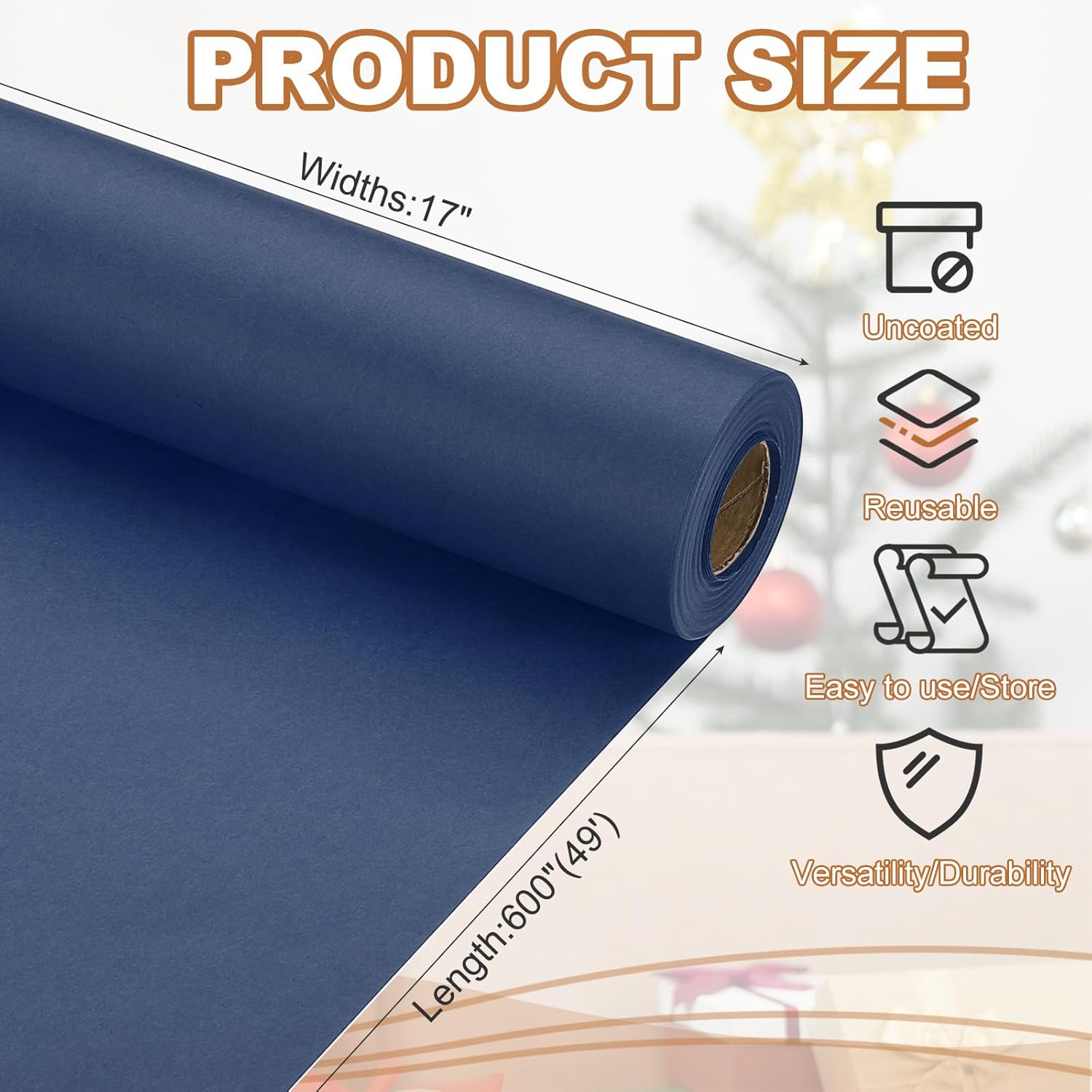 PATIKIL Wrapping Paper, 17" x 600"(49') 70 GSM Craft Paper Roll Kraft Packing Paper for Poster Bulletin Board, Gift Wrapping, Navy Blue Navy Blue 17" x 600"(49')