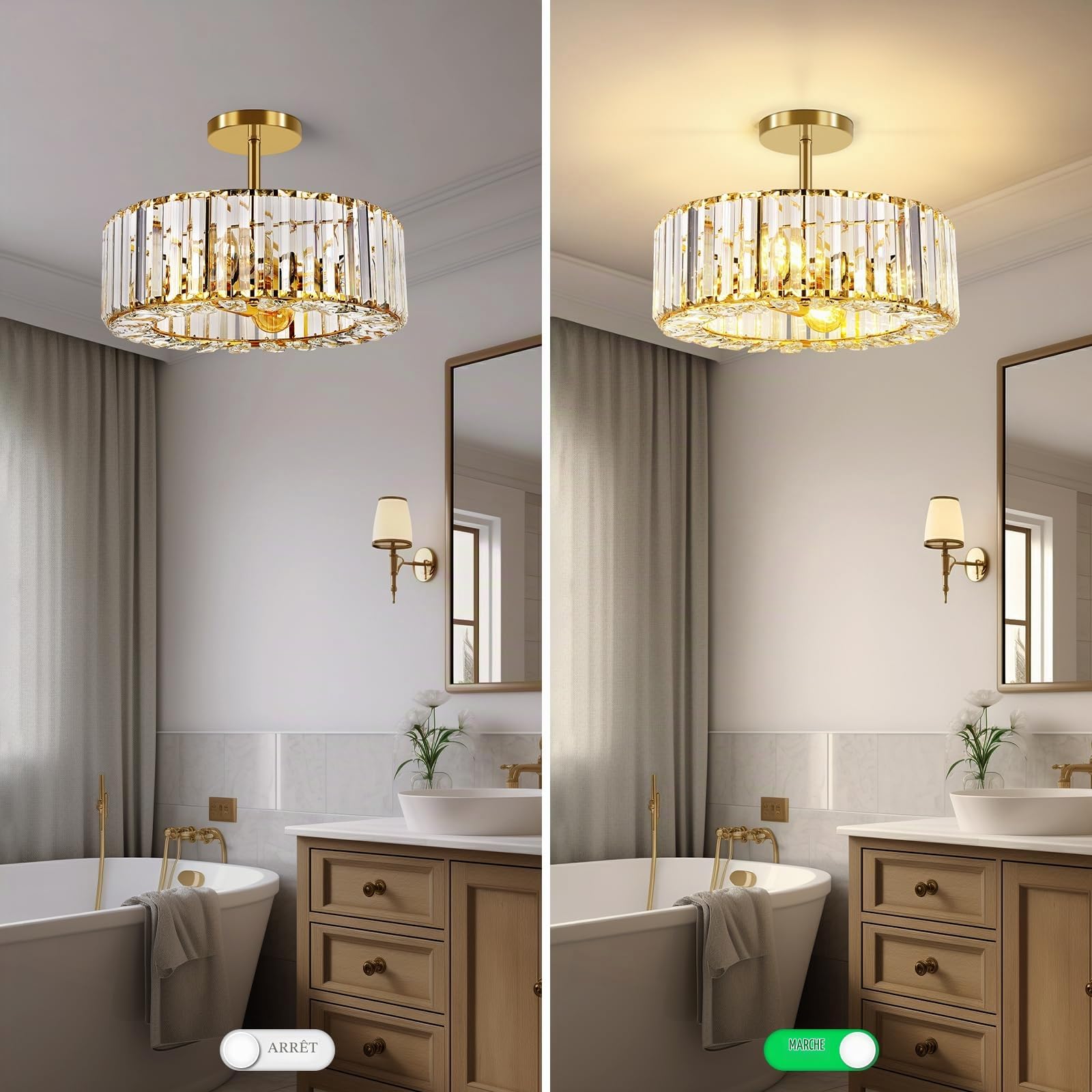FRIDEKO HOME Moderne Plafonnier en Cristal Or,4 Flammes Grand Lustre Rond Cristal Abat-jour Métal Plafonnier E27 pour Chambre à coucher Salon Salle à manger Cuisine Couloir,Ø37cm