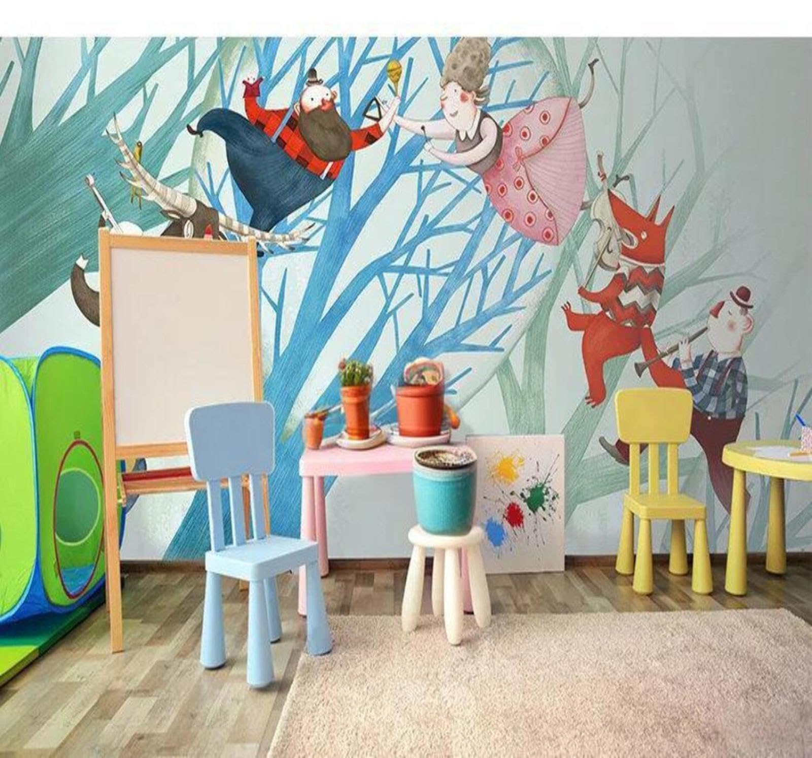 Xlming 430Cm×300Cm(B×H) Cartoon Hand Drawn Watercolour Woodland People 3D Wallpaper Silky Texture Home Study Office Grey Dining Room Sofa Bedroom Living Room Tv Backdrop-430Cm×300Cm