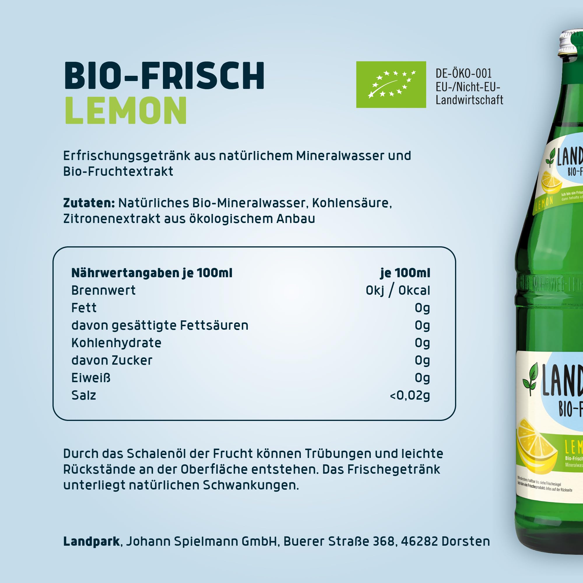 Landpark Bio-Erfrischungsgetränk Lemon, 18 x 0,75 L in der Glasflasche | ohne Zucker und Süßungsmittel | mit Kohlensäure | Wasser mit Geschmack | Ideal auch für Kinder und Diabetiker