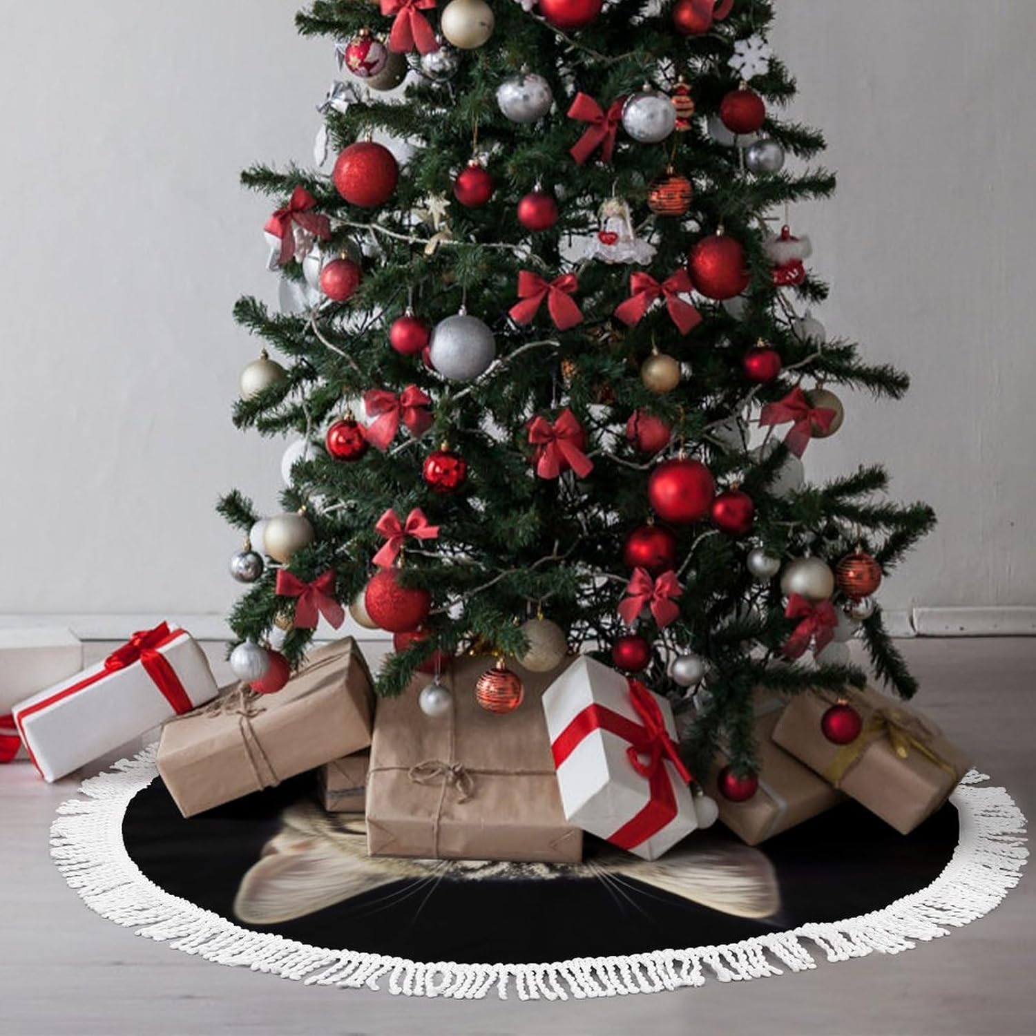 Cat Printed Christmas Tree Skirt, Multiple Sizes, Suitable for Christmas Party Christmas Tree Decorations, Holiday Indoor and Outdoor Decorations